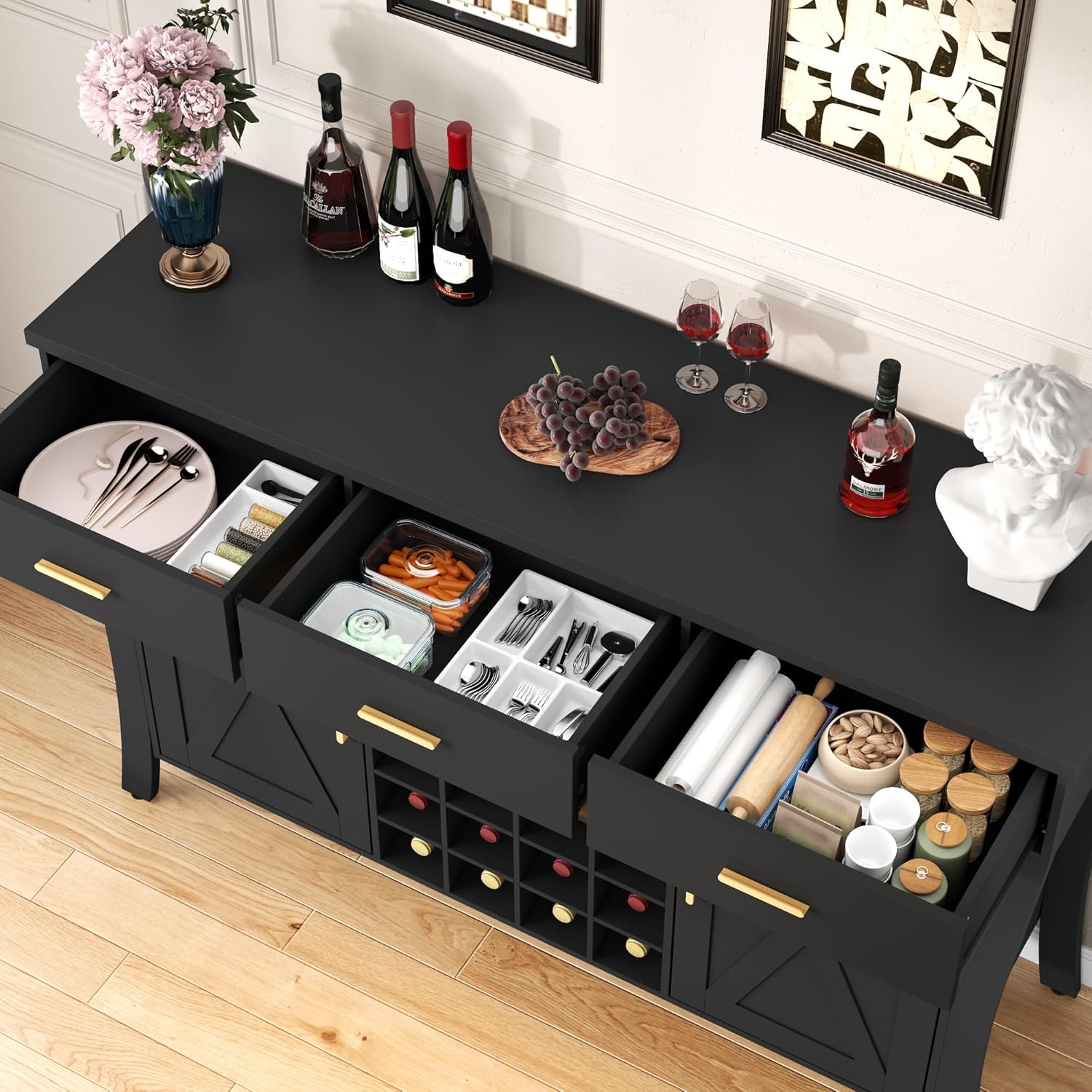 Wine Bar Cabinet with Led Light - Kitchen Buffet Side Board Storage Cabinet w/ Wine and Glass Rack, Farmhouse Black Buffet Liquor Cabinet with Doors & Drawer, Home Bar Cabinet for Dining Room (Black)