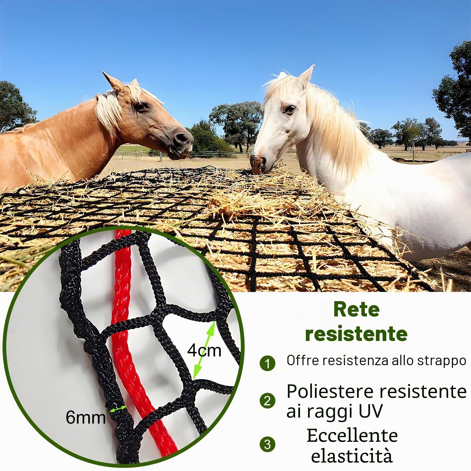 Rete da Fieno per Balle Rotond-Standard ø159cm, Rete Fieno Rotolo, Materiale morbido che protegge la bocca del cavallo, Prolunga il tempo di alimentazione,per nutrire e conservare il fieno per cavalli