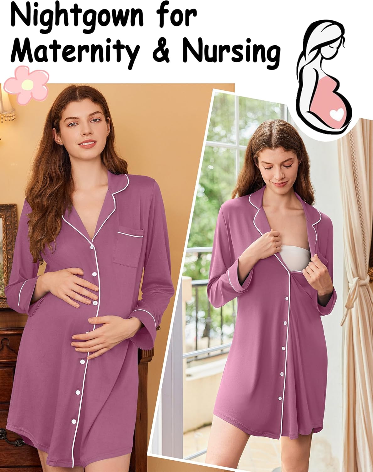 Ekouaer Nightgowns for Women Long Sleeve Nightshirt Button Down Sleepshirt Nightdress Boyfriend Sleepwear S-XXXL - Image 5