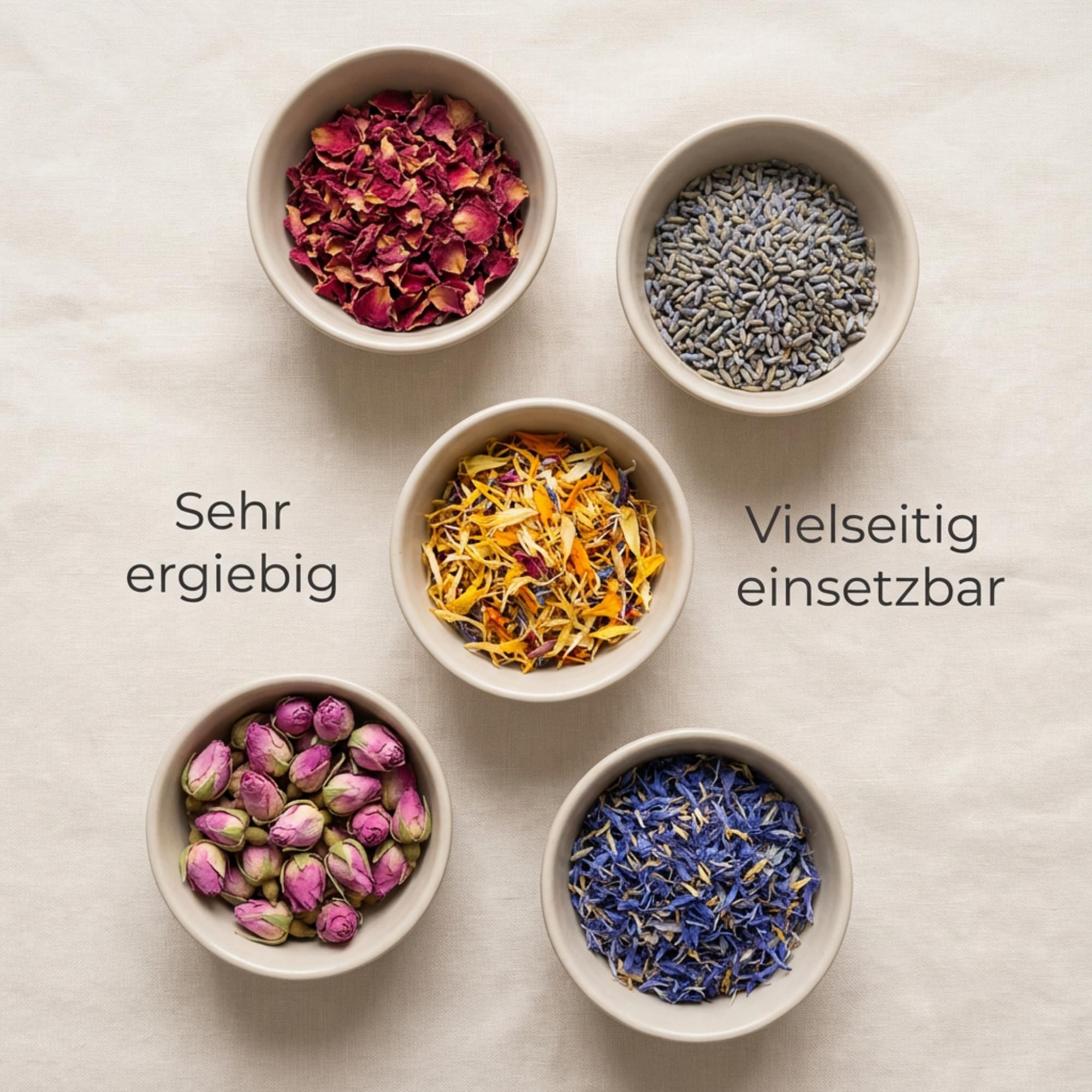 HUA MALOO Gastro Profi Set – Getrocknete essbare Blüten (Veilchen, Rosenknospen, Rosenblüten, Lavendelblüten, Blüten-Mix) | Für Tee, Kuchen, Desserts, Cupcakes, Torten, Salate & Deko