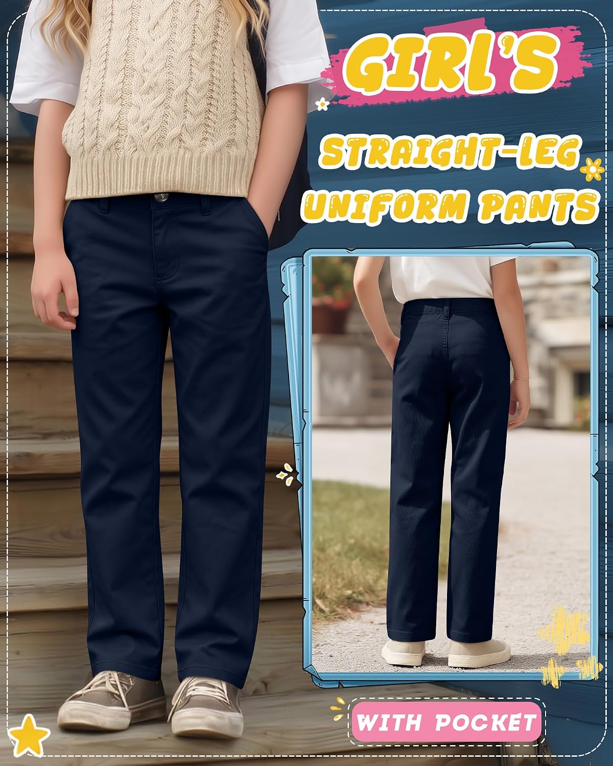 2 Pack Girls School Uniform Pants Cotton Dress Straight Trousers Pockets Adjustable Waist Bottoms for Age 7-16