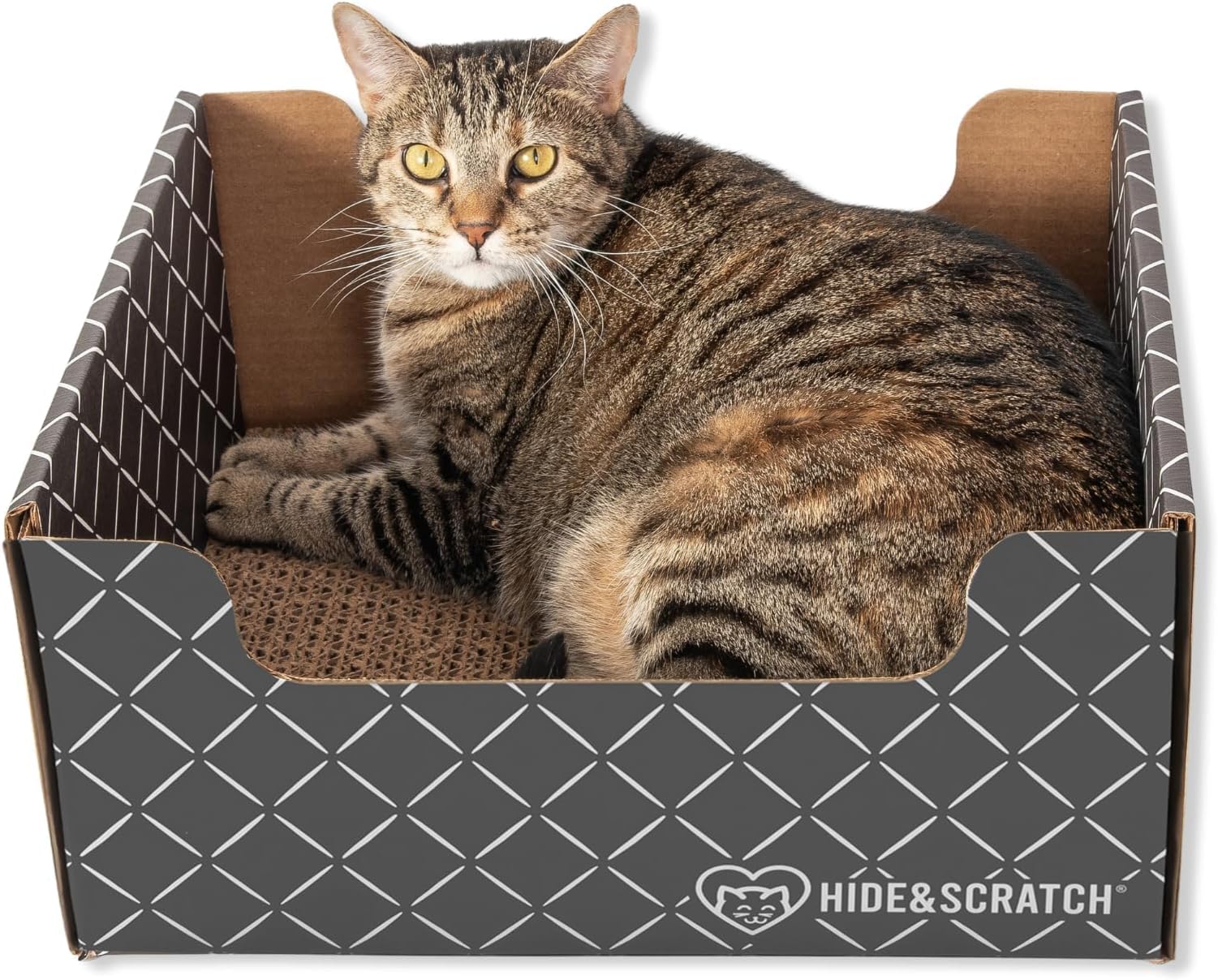 Cardboard Cat Scratcher Box & Bed - Dark Grey Diamond | Double-Sided Corrugated Pad for Indoor Cats | Refillable Scratching Board Toy for Play & Furniture Protection