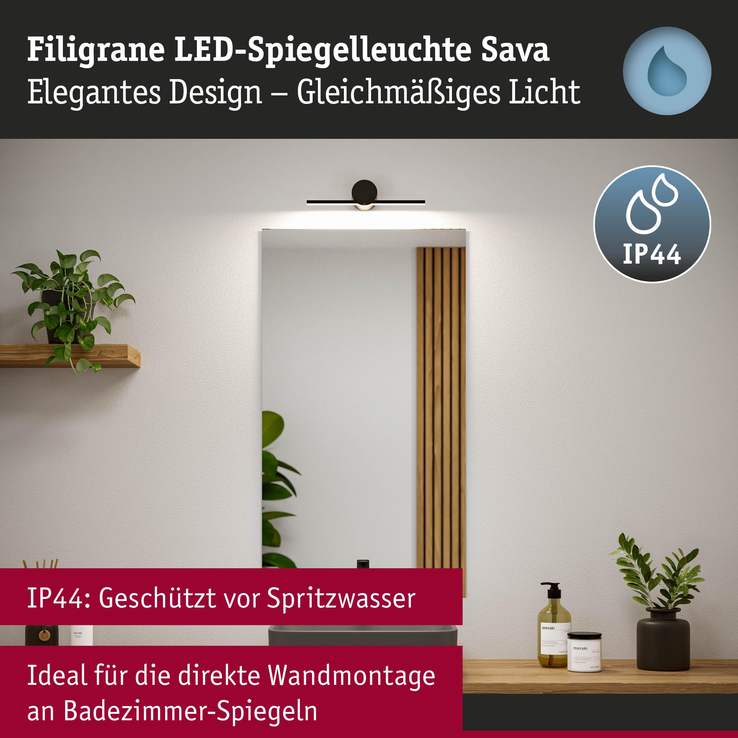 Paulmann 75410 LED Leuchtspiegel Sava IP44 3000K 250lm 230V 4,2W Schwarz matt
