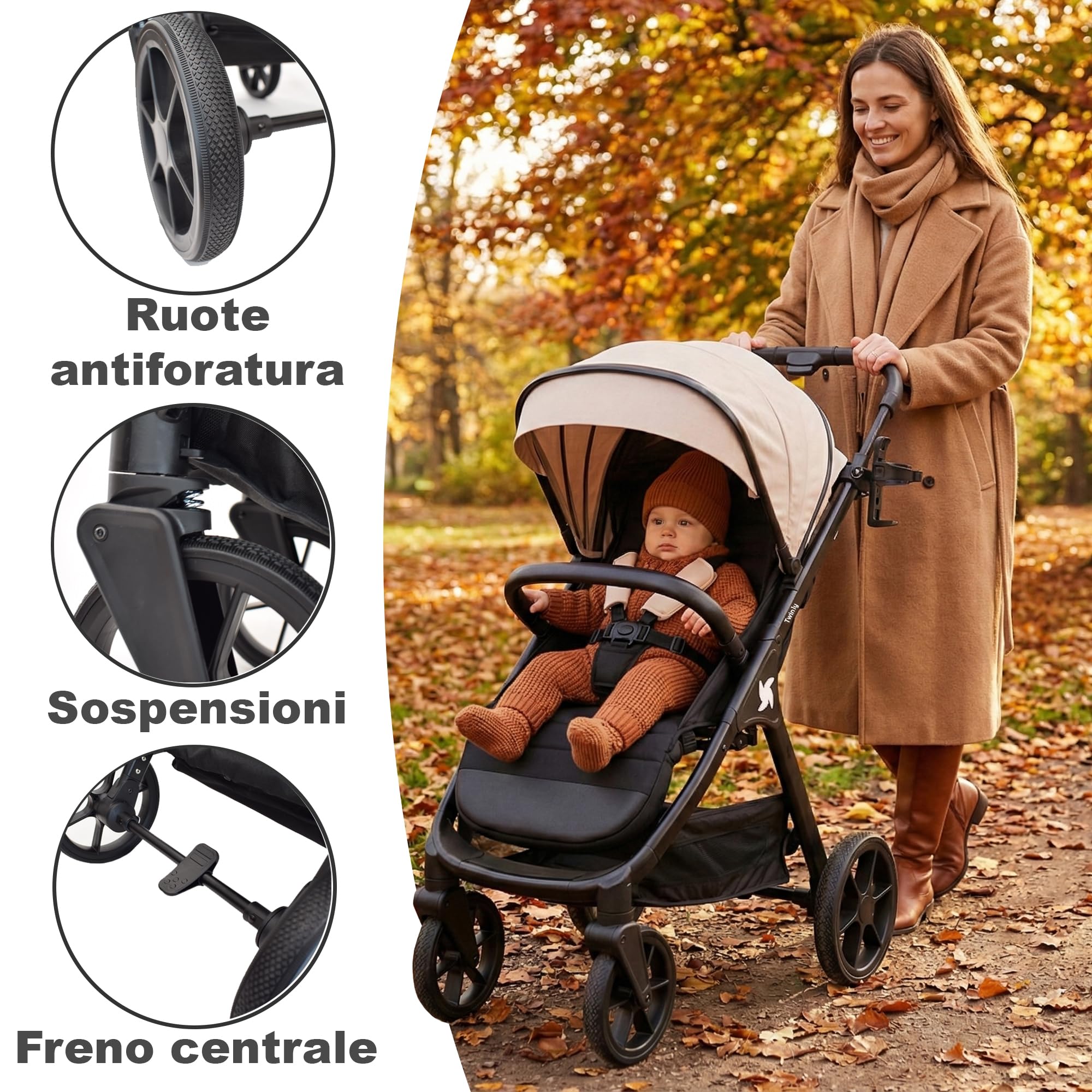 Passeggino Leggero 25 kg Portata, Pieghevole ad una Mano, Seduta Ampia, Ruote Grandi Ammortizzate, Cappottina XXL e Parapioggia Nero