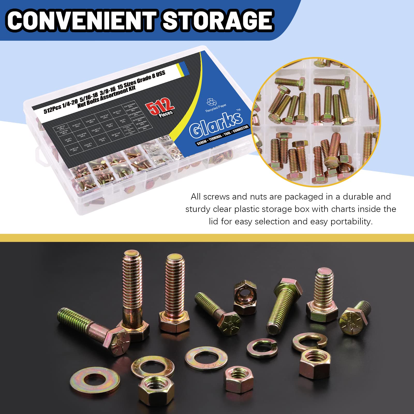 Glarks 512 pezzi di grado 8 bulloni esagonali a filettatura grossa Dadi Viti Rondelle Kit Assortimento, 1/4-20 5/16-18 3/8-16 pollici 15 dimensioni viti a testa esagonale e dadi esagonali rondelle