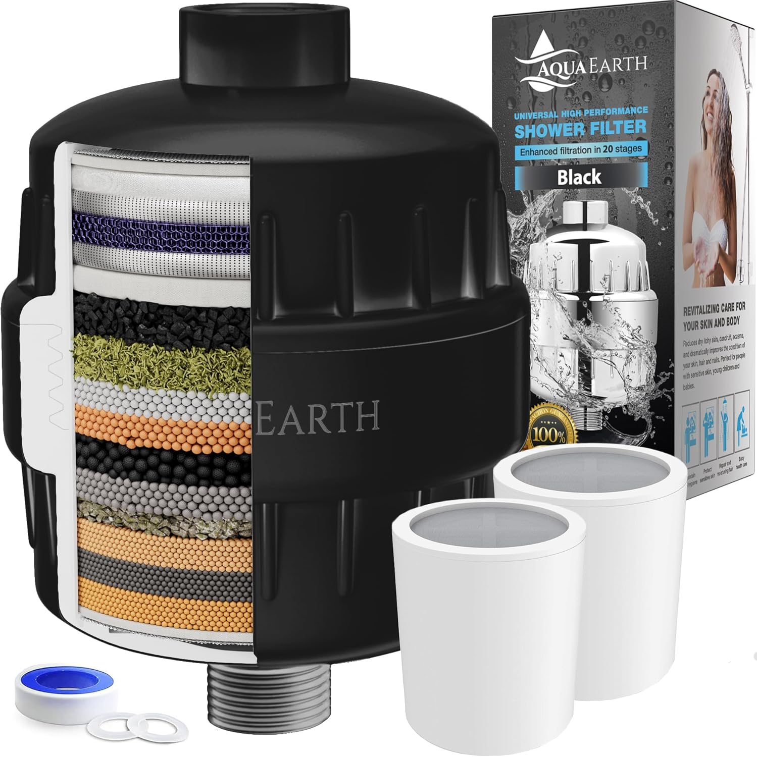 Aqua Earth Shower Head Filter For Hard Water 20 Stages to Remove Chlorine Fluoride Water Softener Coconut Shell Activated Carbon Reduces Dry Itchy Skin Heavy Metals Other Sediments Vitamin C Black