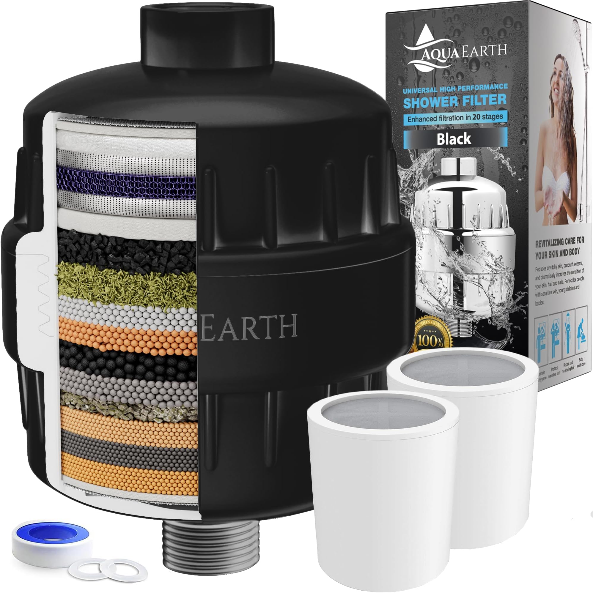 Aqua EarthShower Head Filter For Hard Water Black 20 Stages to Remove Chlorine Fluoride Water Softener Coconut Shell Activated Carbon Reduces Dry Itchy Skin Heavy Metals Other Sediments Vitamin C