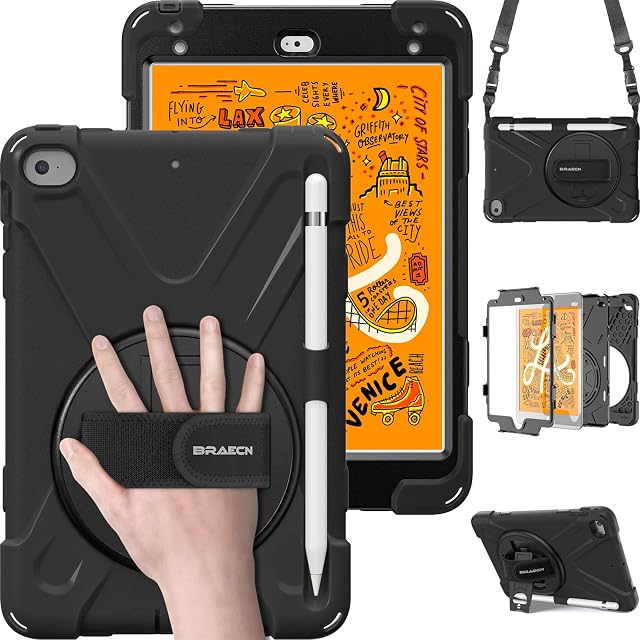 BRAECN iPad Mini 4 Case, iPad Mini 5 Case, Heavy Duty Shockproof Protective Rugged Case with Pencil Holder, Hand Strap, Kickstand and Shoulder Strap for iPad Mini 4 2015,iPad Mini 5 2019 Tablet-Black