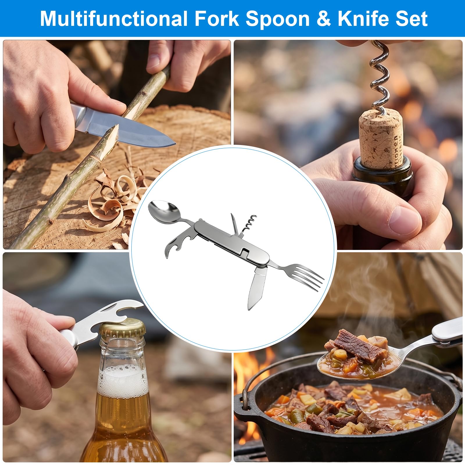 6 in 1 Posate da Campeggio Pieghevoli Acciaio Inox, Set Posate Multifunzione con Coltello, Cucchiaio, Forchetta, Apribottiglie e Pennello BBQ, Posate Trekking, Survival Outdoor, Picnic