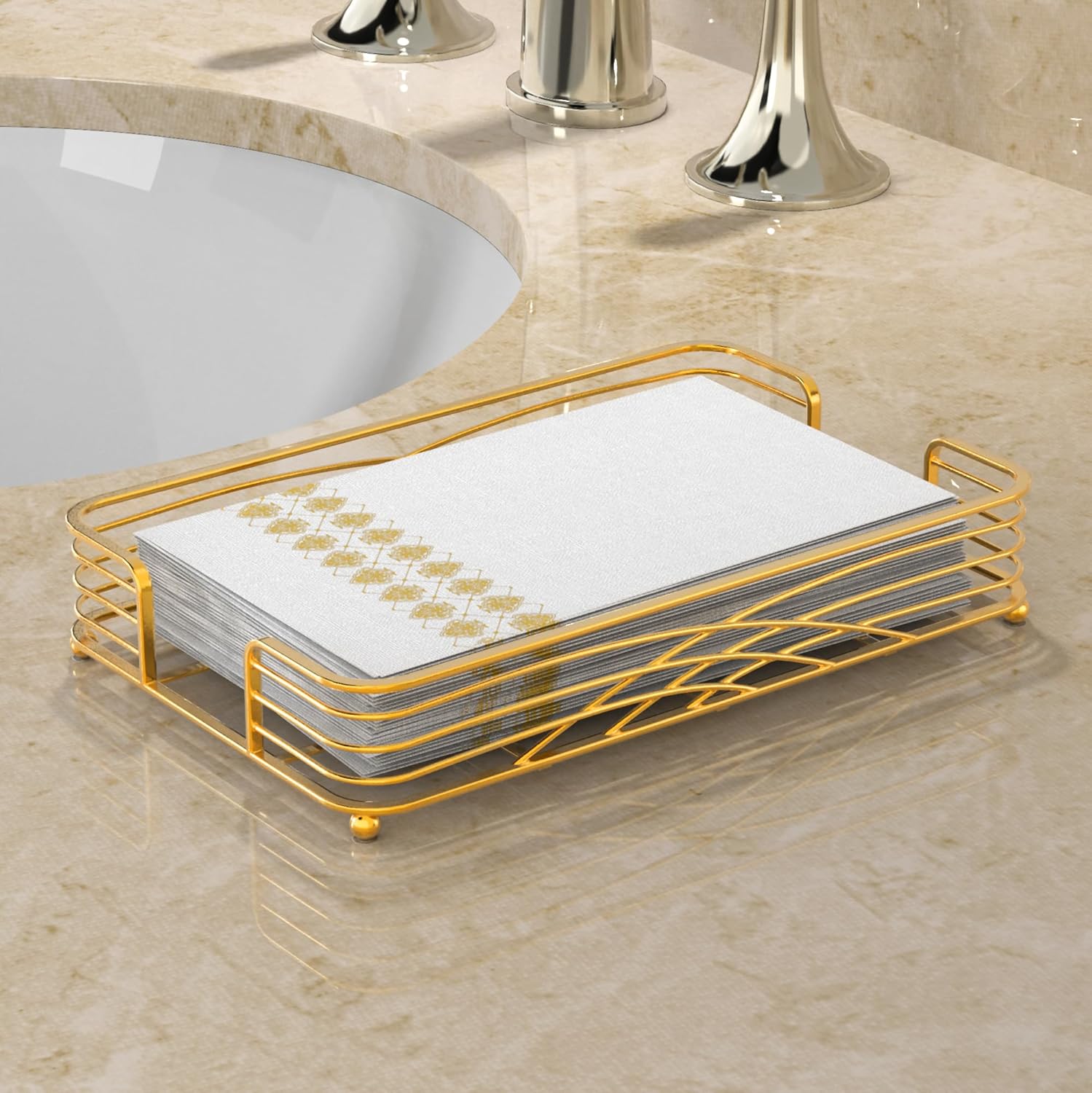 Gold Guest Towel Holder Tray for Bathroom – Countertop Napkin Organizer for Disposable Paper Towels, Elegant Hand Towel Rack for Powder Room, Modern Guest Bathroom Accessories - Image 2