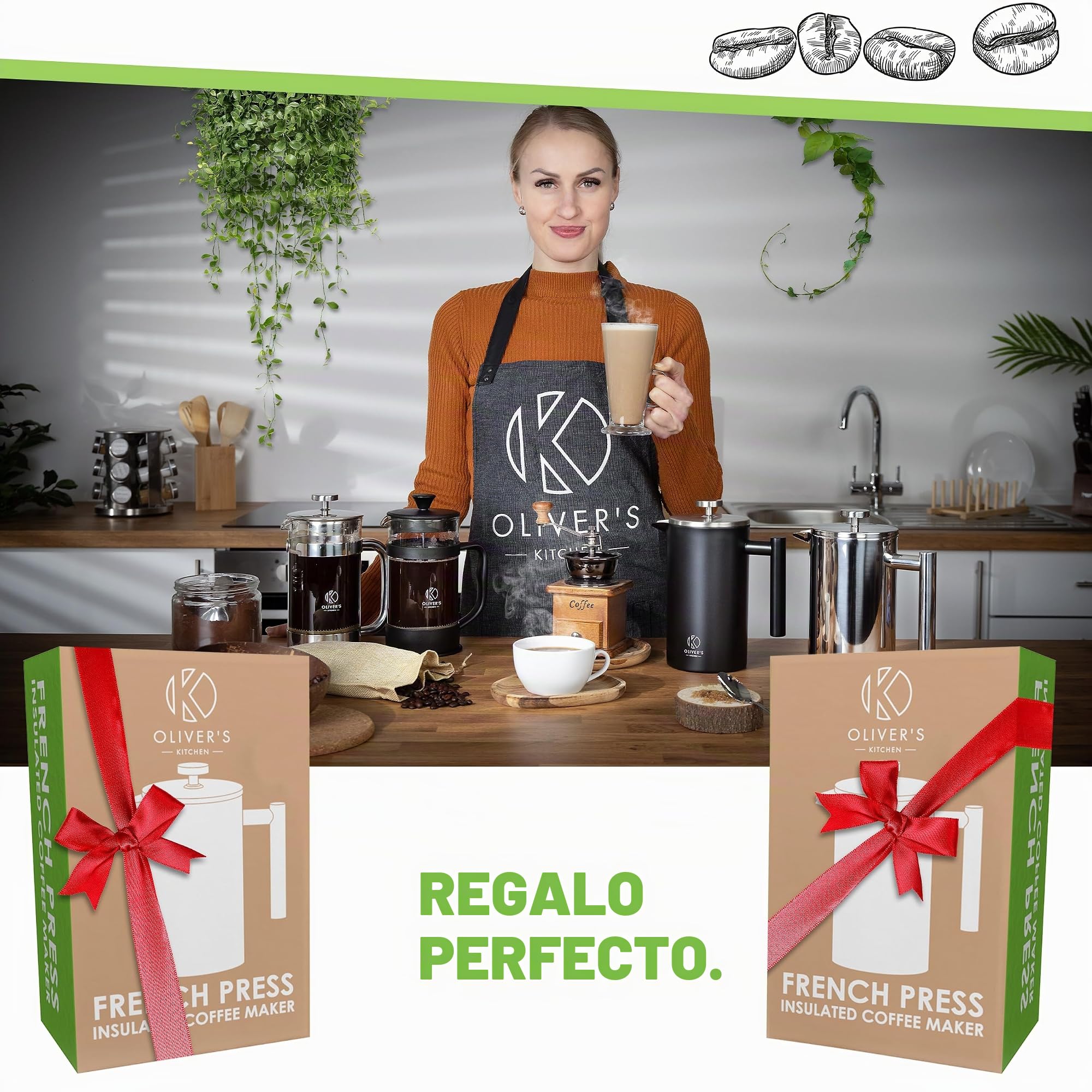 Oliver's Kitchen ® Cafetera de prensa francesa de de primera calidad, con aislamiento térmico, doble pared, color negro, 1 litro