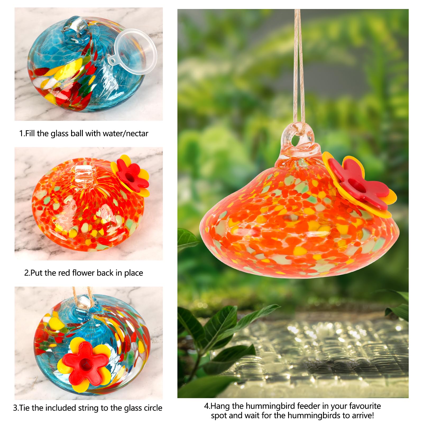 2 comederos de colibrí de vidrio soplado para colgar al aire libre, resistentes a hormigas y abejas, comedero de pájaros hecho a mano, decoración de jardín, regalo para mujeres, paquete de comederos