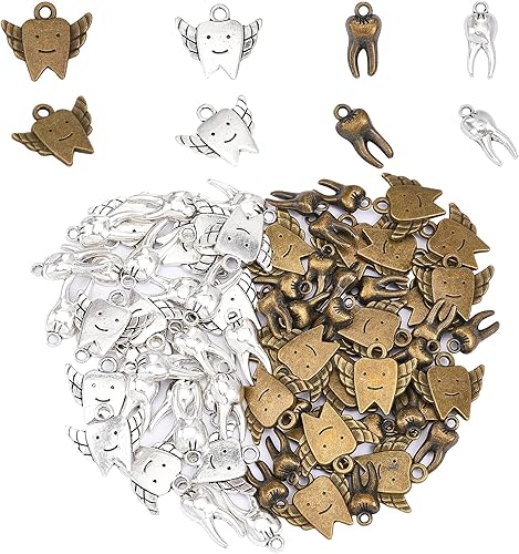 CHGCRAFT 80 dijes de dientes de aleación de 4 estilos, dijes colgantes de dientes con alas para bricolaje, collares, pulseras, suministros de