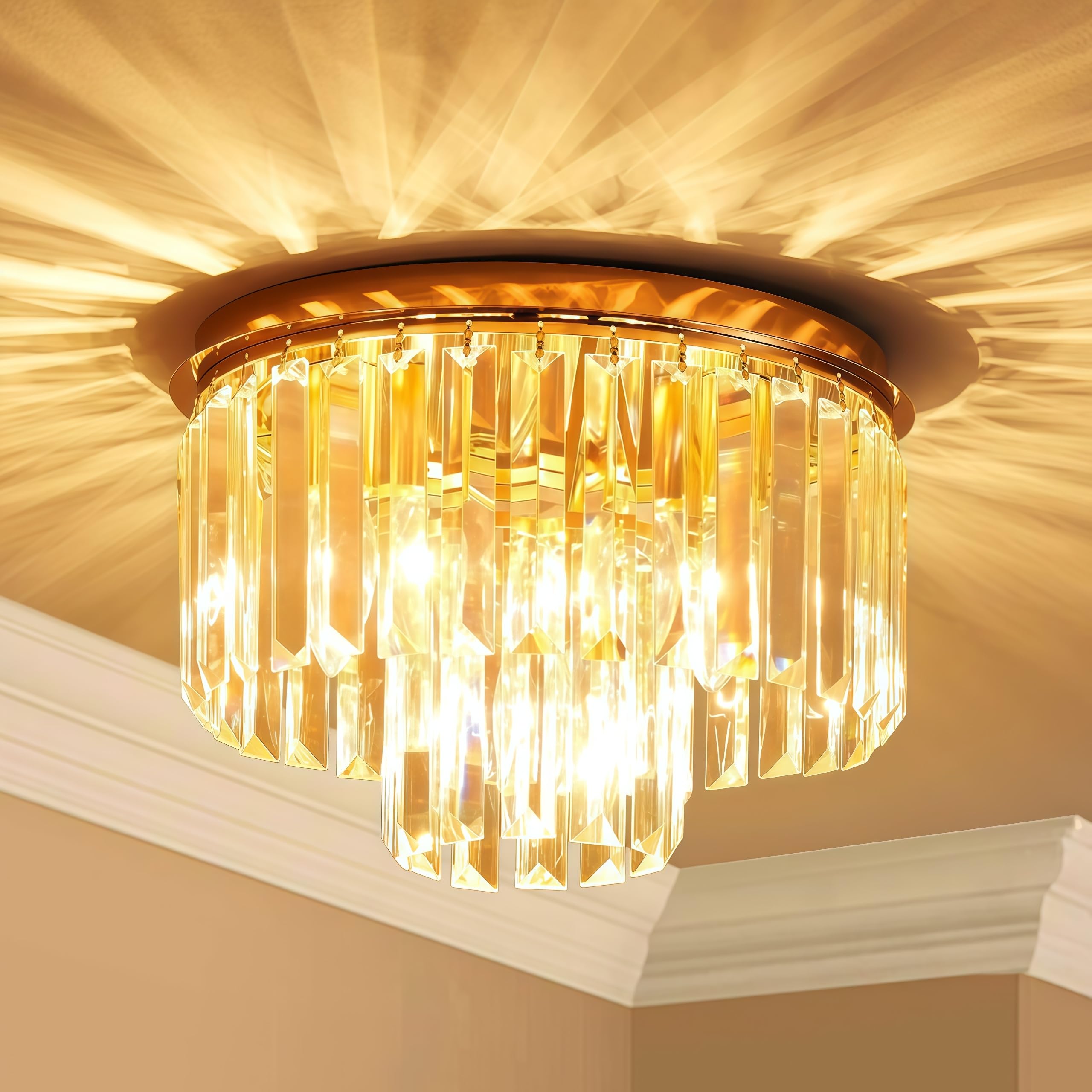 SHRINE LIGHTING Kristall-Deckenleuchte, Moderne Unterputz-Deckenleuchte, D30cm x H21cm, E14 Sockel 3-Licht, Gold Finish & K9 Kristall