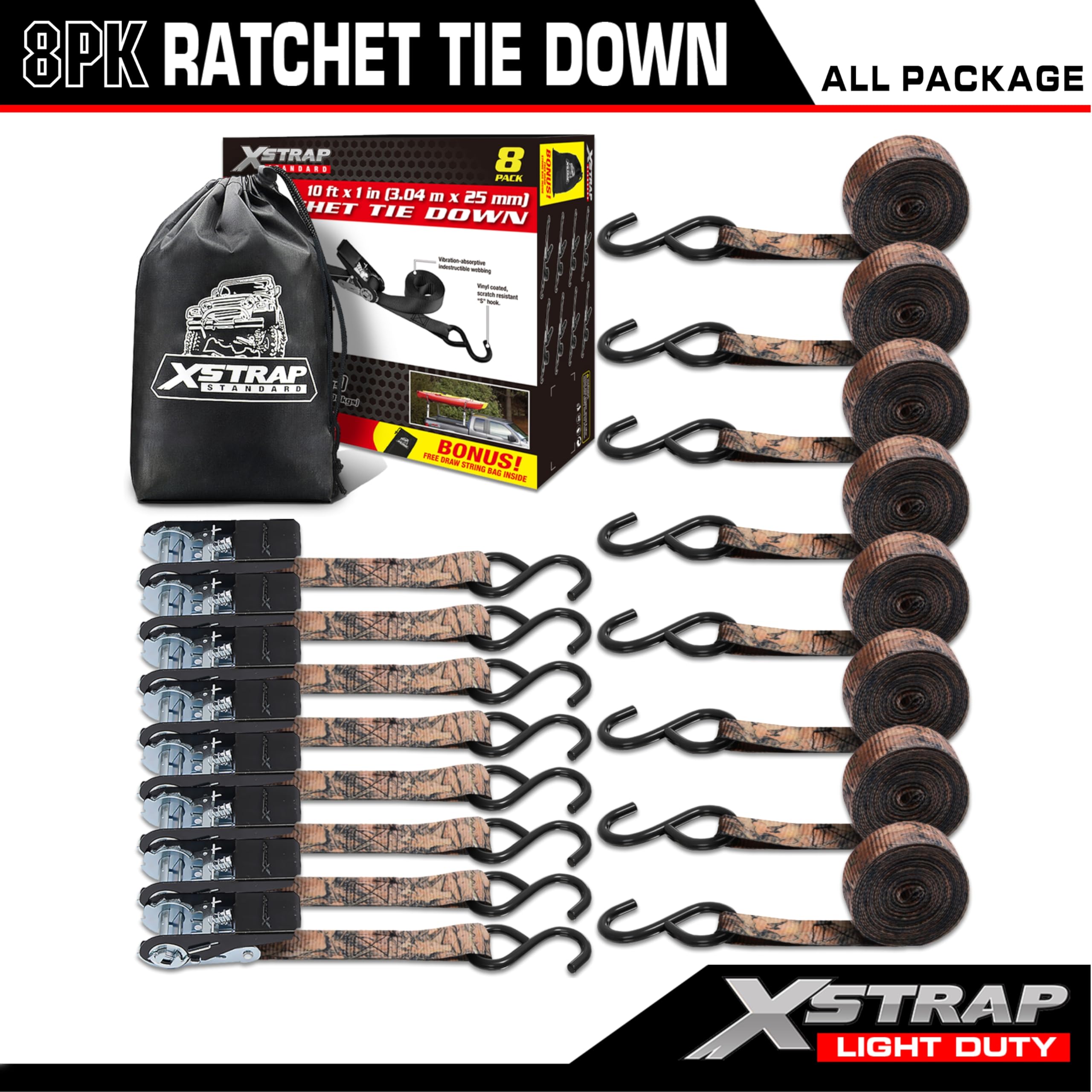 XSTRAP Correas de amarre de trinquete – 8 unidades – 1 x 10 pies – 408 kg – Correas de carga de resistencia a la rotura para aparatos móviles, equipo de césped, motocicleta (camuflaje2)
