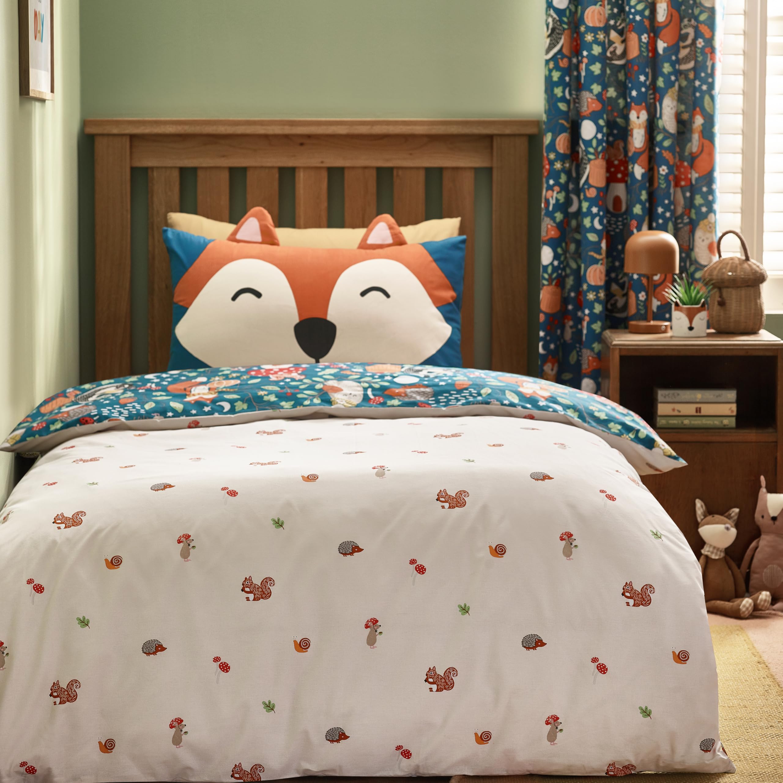 Catherine Lansfield Fox and Woodland Friends - Set copripiumino singolo reversibile con federa, colore: verde
