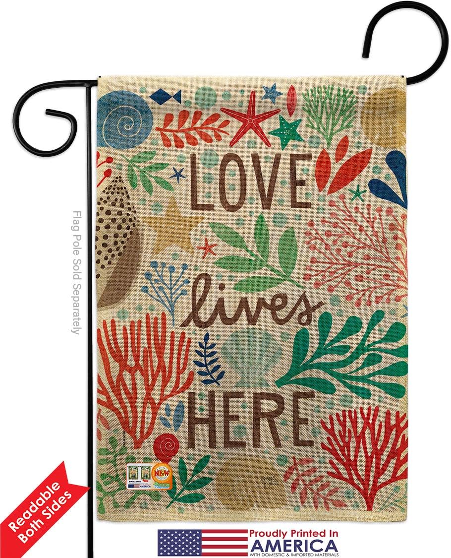 Love Lives Here Burlap Garden Flag Coastal Beach Tropical Sea Shells Ocean Sand Outdoor Summer Coral Small Decorative Gift Yard House Banner Double-Sided Made In USA 13 X 18.5