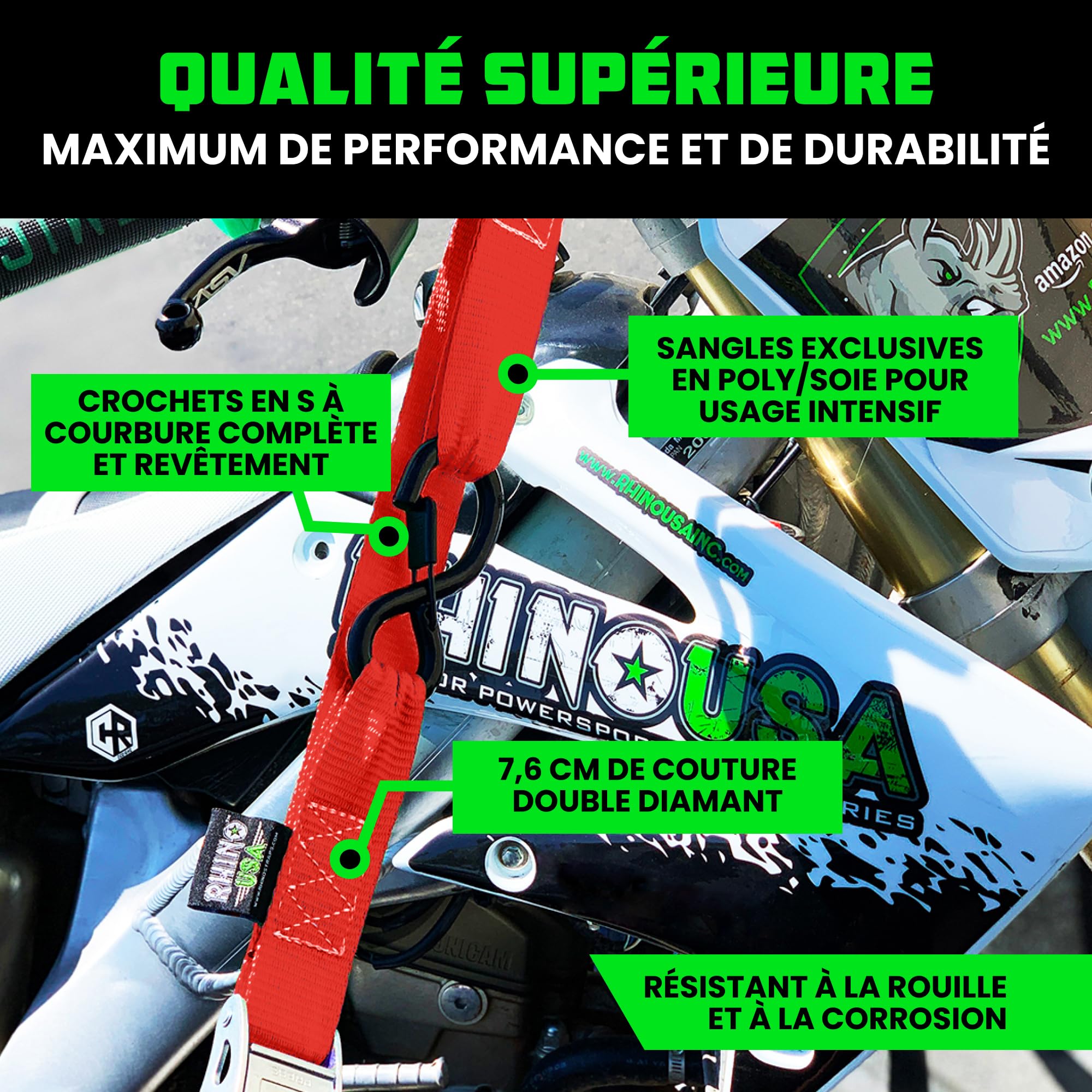 Rhino USA Lot 2 Sangle Arrimage Moto - Testées en Laboratoire Résistance à la Rupture de 1000 kg- Sangles d'Arrimage Acier avec Boucles Souples pour Remorque Guidon - Rouge