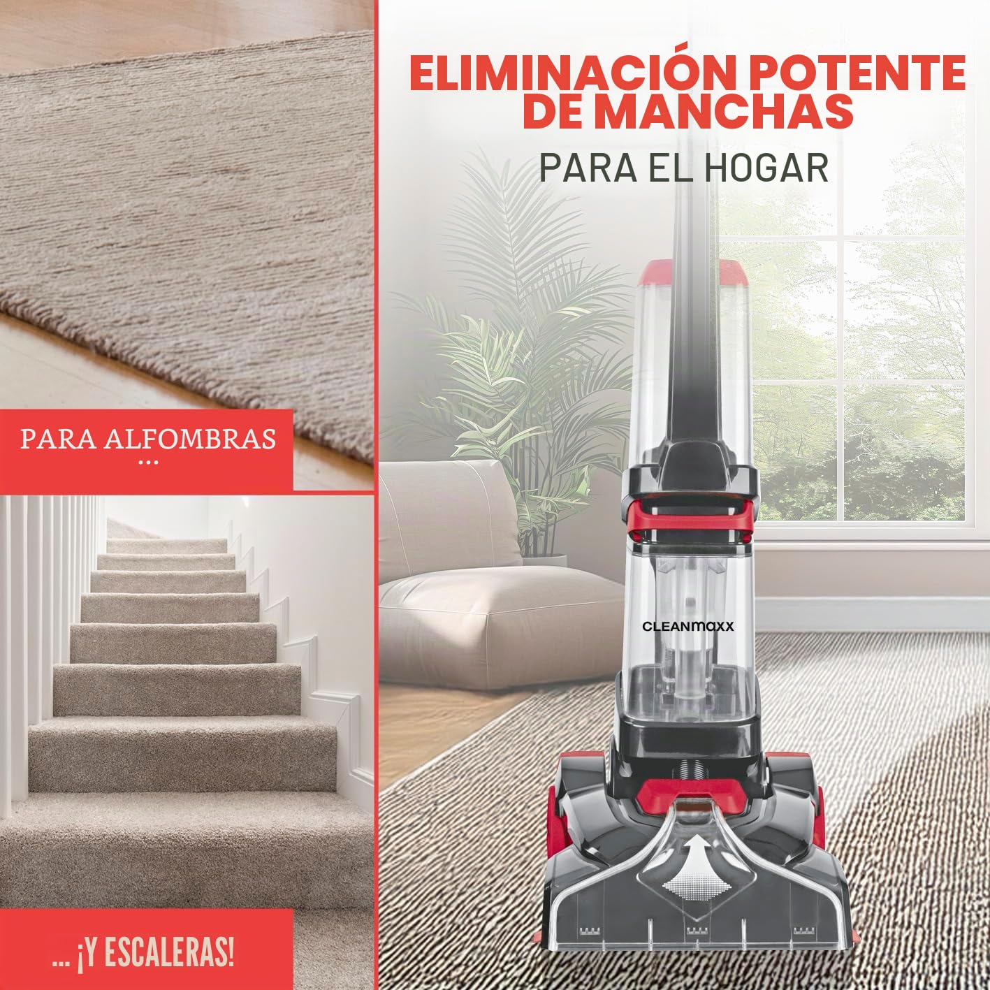 CLEANmaxx Aspirador de alfombras | 3 en 1: lavar, limpiar, aspirar | Aspirador en húmedo con cepillos vibratorios y cepillos laterales | Aspirador en seco - para casi cualquier alfombra