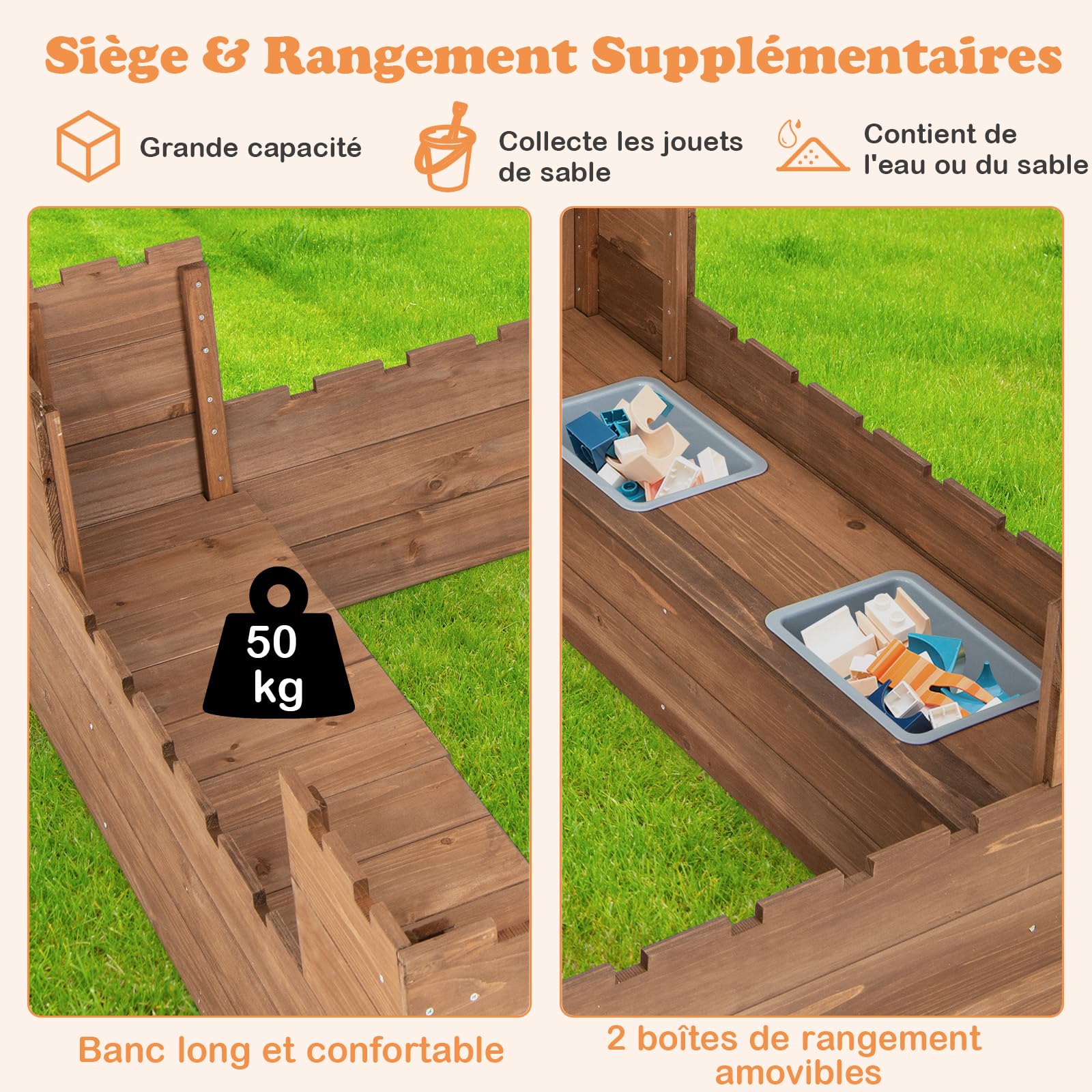 COSTWAY Bac à Sable en Bois Enfants 113 x 116cm avec 2 Bancs, Boîte à Sable sur Thème du Château avec 2 Boîte Amovibles & Drapeaux, Capacité de Sable 120L pour 2 Enfants de 3-8 Ans