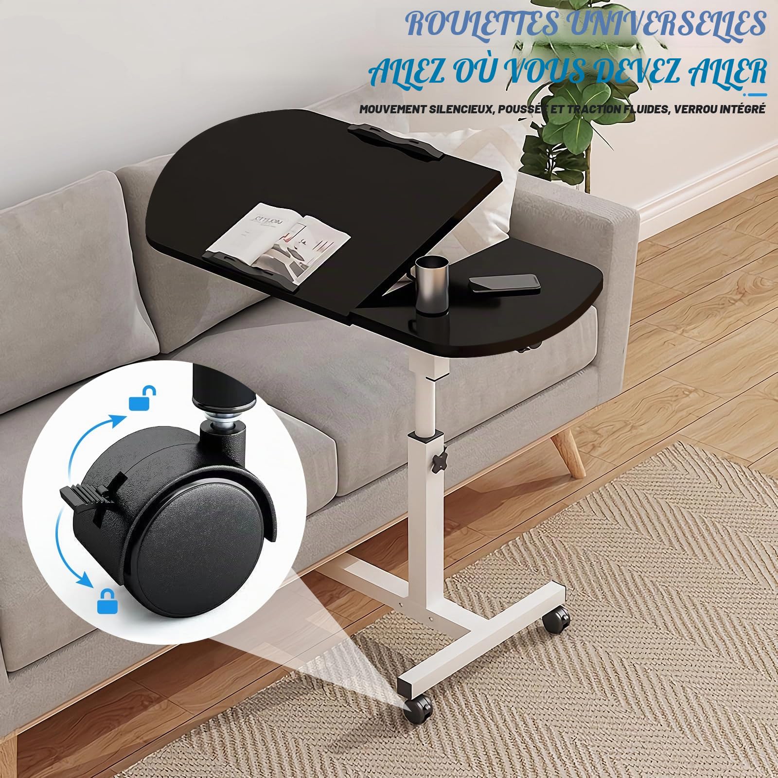 Table de lit réglable pour Ordinateur Portable avec Bureau inclinable, roulettes et Panier de Rangement Amovible - Table de Chevet pour Bureau à Domicile, étude, Lecture Noir