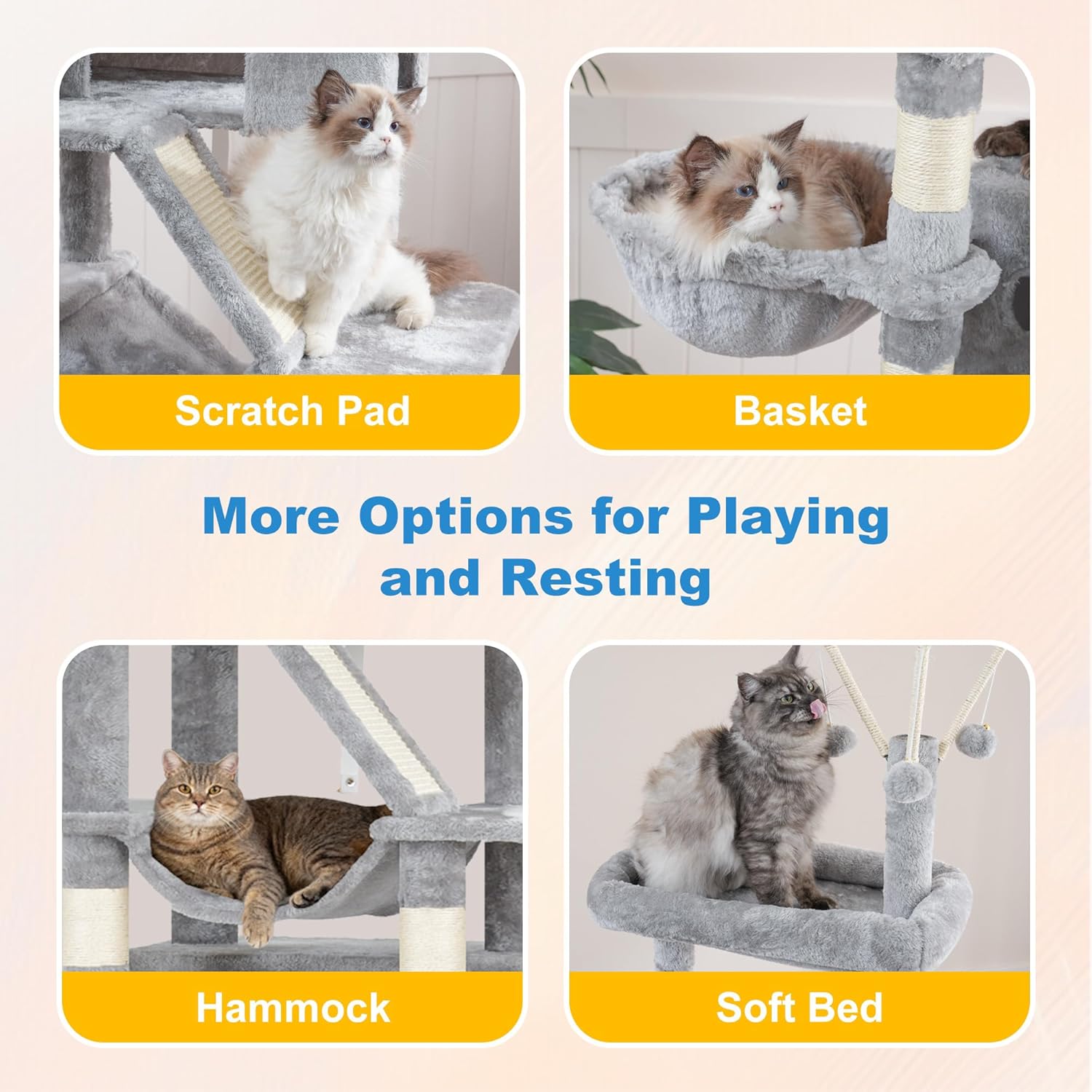Hey-brother Cat Tree Tower, Sturdy Multi-Level Scratching Posts with Extra Supporting Part, 5 Teaser Toys, 2 Condos, Large Bed, Hammock, Scratch Baord for Indoor Cats, 82.7 Inches, Light Gray MPJ082W