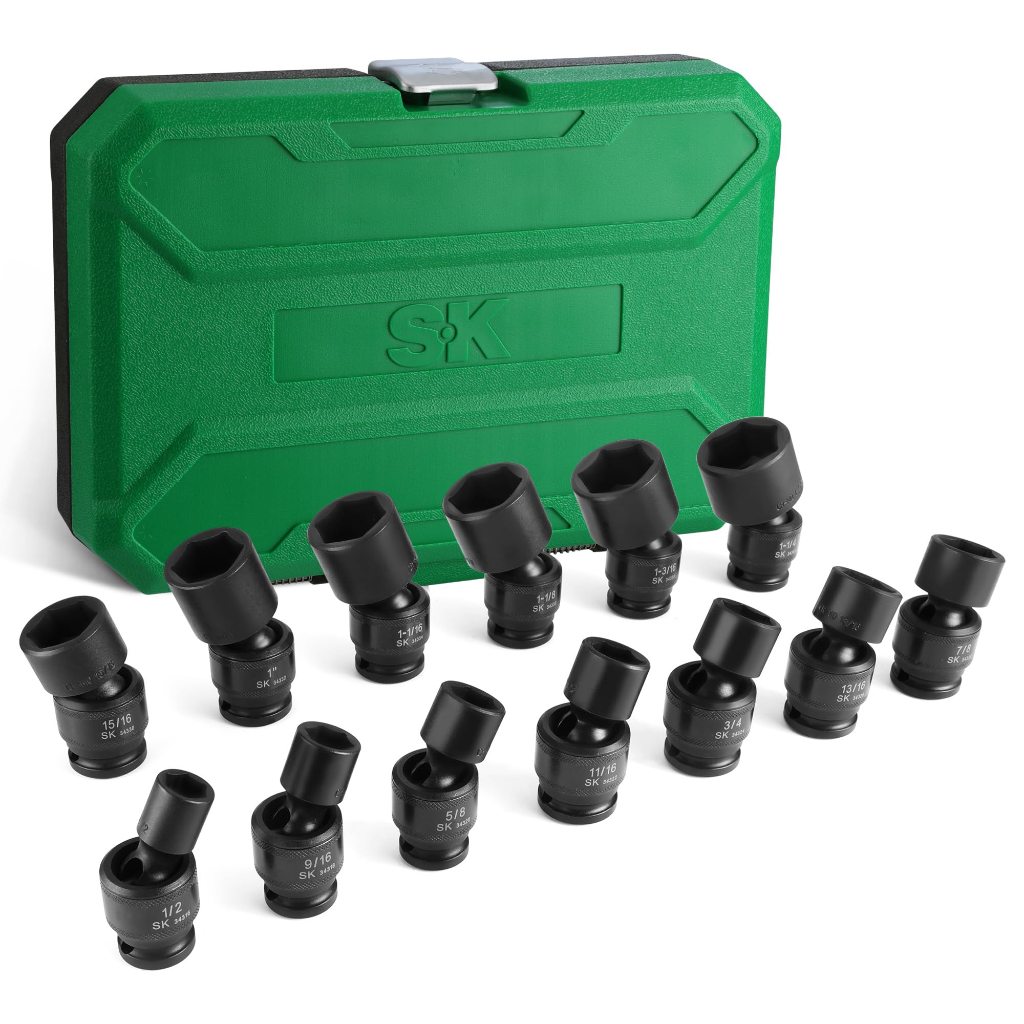 SK 1/2" Drive Universal Swivel Impact Socket Set, SAE Socket Set, 13-Piece, Premium CR-MO Steel, SureGrip 6 Point Design, with Storage Case