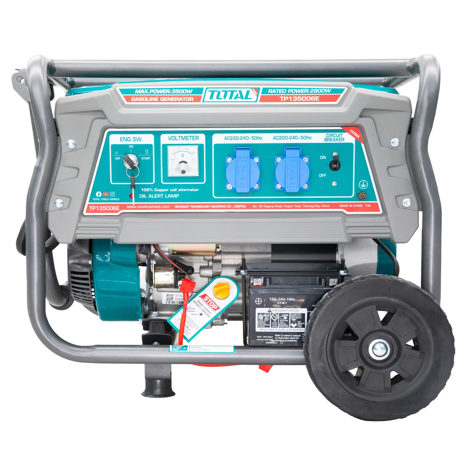TOTAL - Generatore di Corrente Portatile 3500W a Benzina, Alternatore in Rame, Avviamento Elettrico e Manuale, Motore 4 Tempi OHV, Silenziato, Serbatoio 15L, Ruote e Impugnatura