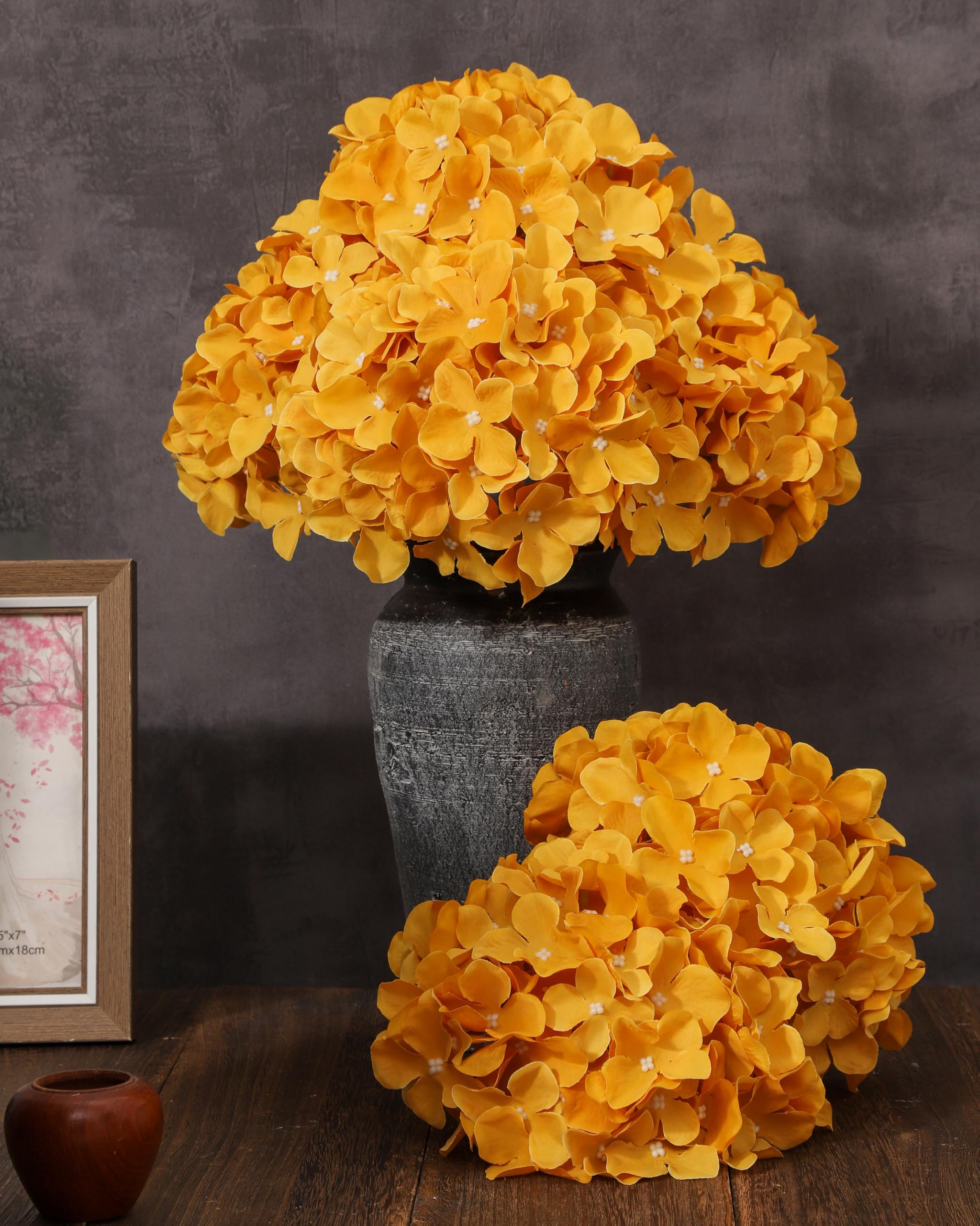 DuHouse Artificial Bigger Silk Hydrangea Flower Heads with Stem Realistic Fake Hydrangea Flower Bouquets for Wedding Home Party Garden Centerpiece Pack of 6(Mustard Yellow) - Image 4