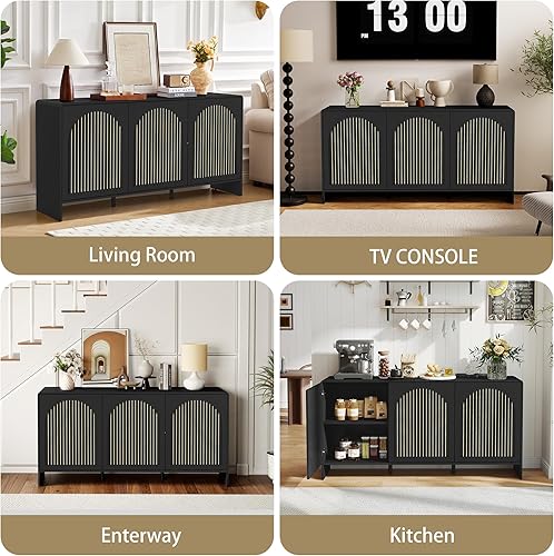 Miniatura 6 de Armario buffet de 59 pulgadas con almacenamiento, armario de almacenamiento de consola de TV arqueada de madera con 3 puertas y estante ajustable,