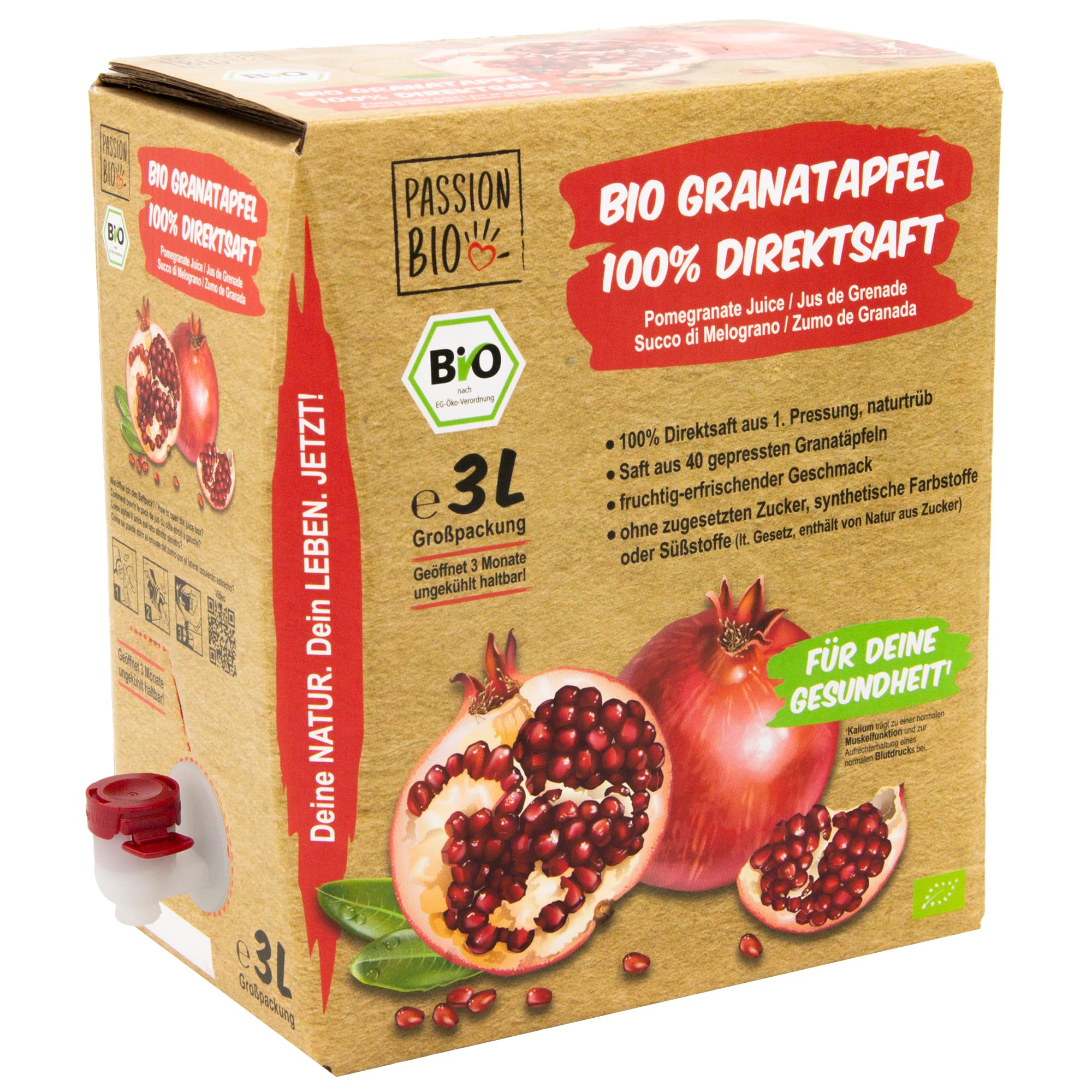 Bio Granatapfelsaft, 3 Liter, naturtrüb – 100% Bio Granatapfel Direktsaft aus 40 Granatäpfeln – fruchtig, erfrischender Geschmack – kein zugesetzter Zucker (lt. Gesetz) enthält von Natur aus Zucker