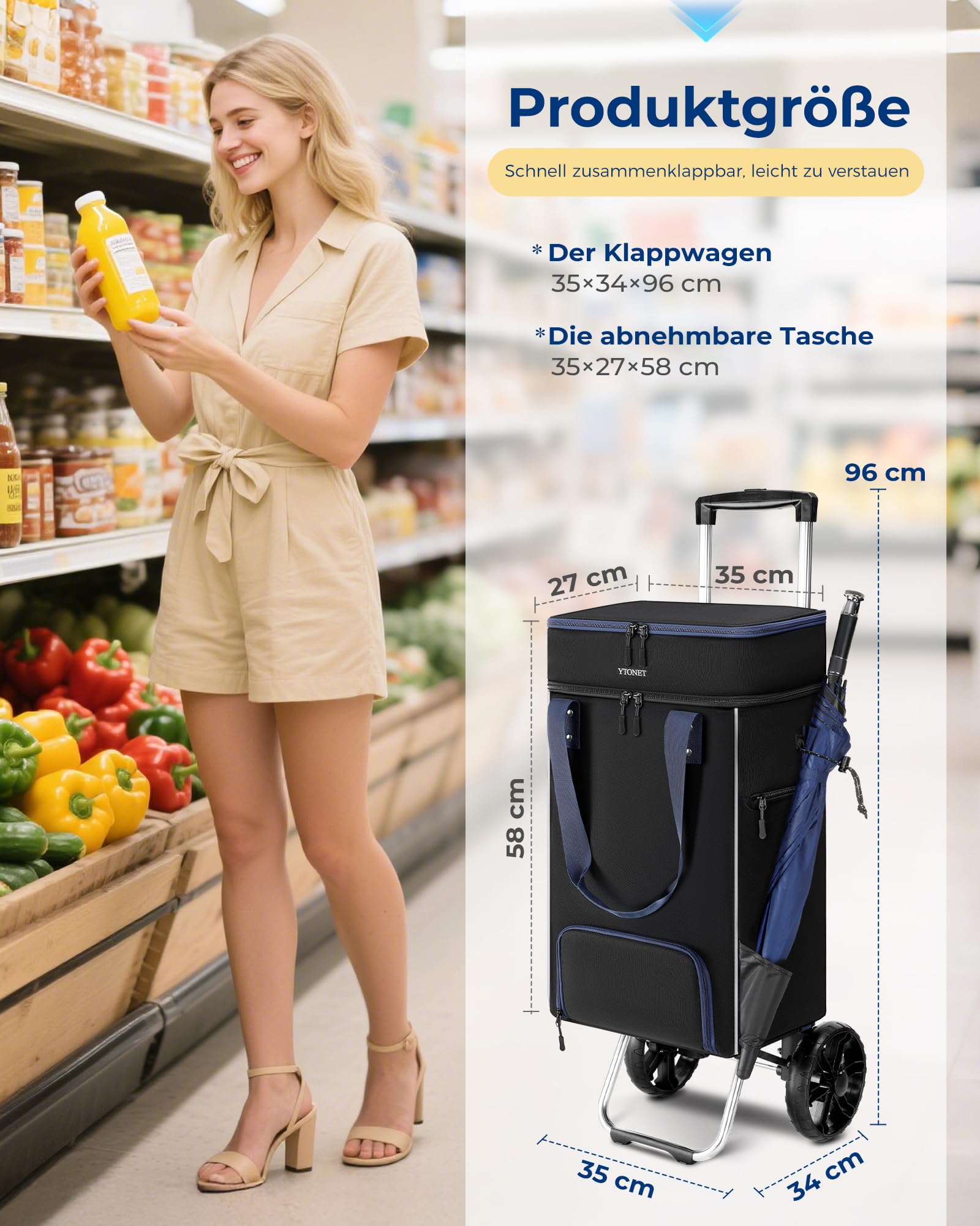 Ytonet Einkaufstrolley Klappbar mit Kühlfach, Einkaufswagen Groß Wasserdicht mit Starrer Bodenplatte für 55 Liter/68 kg, 3 in1 Shopping Trolley Sackkarre & Einkaufstasche mit Großen Rädern, Schwarz
