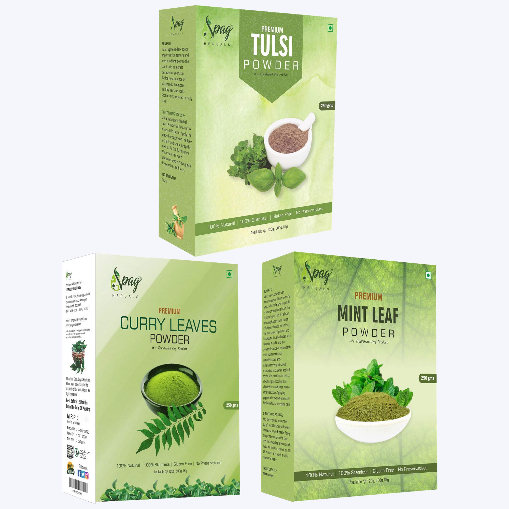 Spag Herbals 100% Organic Tulasi, Curry Leaves and Mint Leaves Powder For Hair Care - 750g (250gm x 3)-image-24