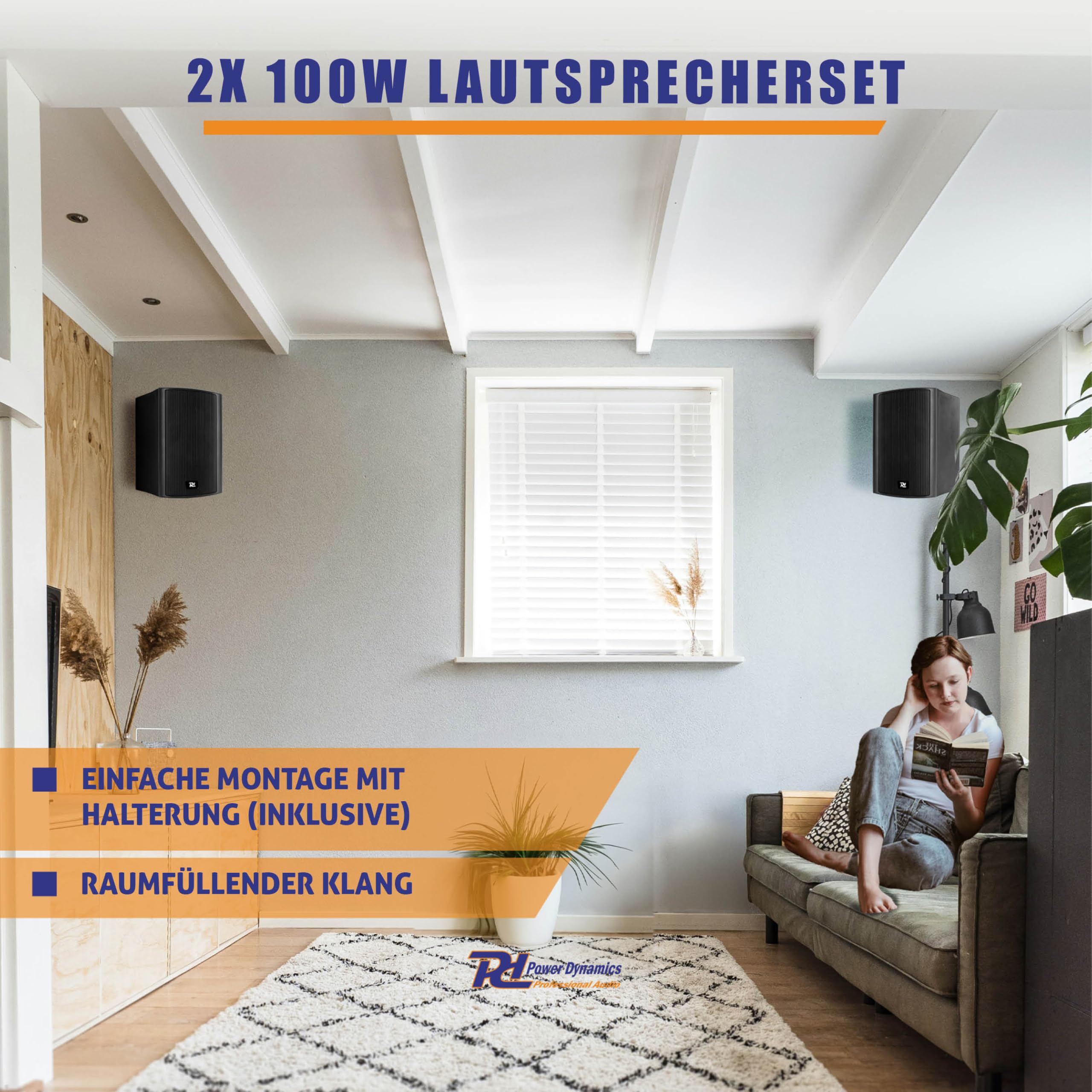 Power Dynamics ODS50B - Lautsprecher Boxen - 2er Set - 100 Watt - 2-Wege Wandlautsprecher für die Festmontage an Wand und Decke - Boxen Set für Zuhause, Gastro, Bars, inkl Montagebügel - Schwarz