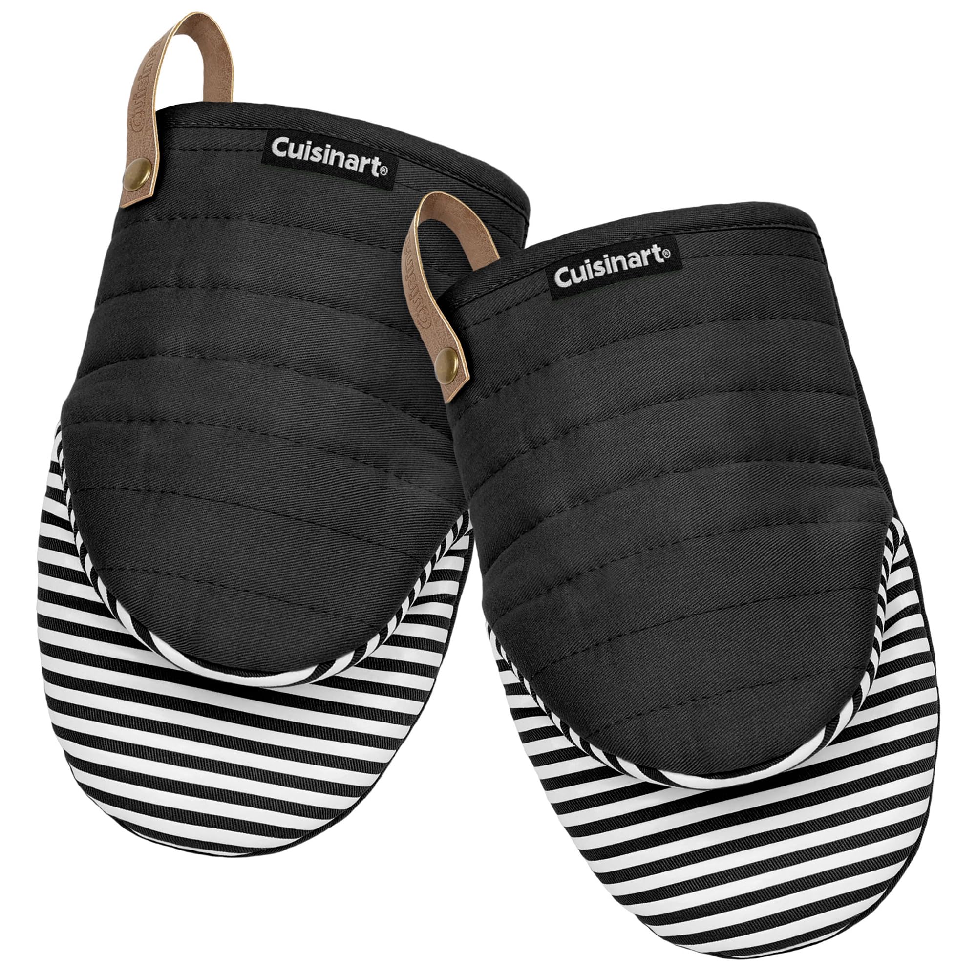 cuisinart mini oven mitts – 5.5” x 8” heat-resistant kitchen mitts for oven with non-slip printed silicone, cotton filling, and faux leather loop – durable oven mitt set for cooking & baking (horizon)
