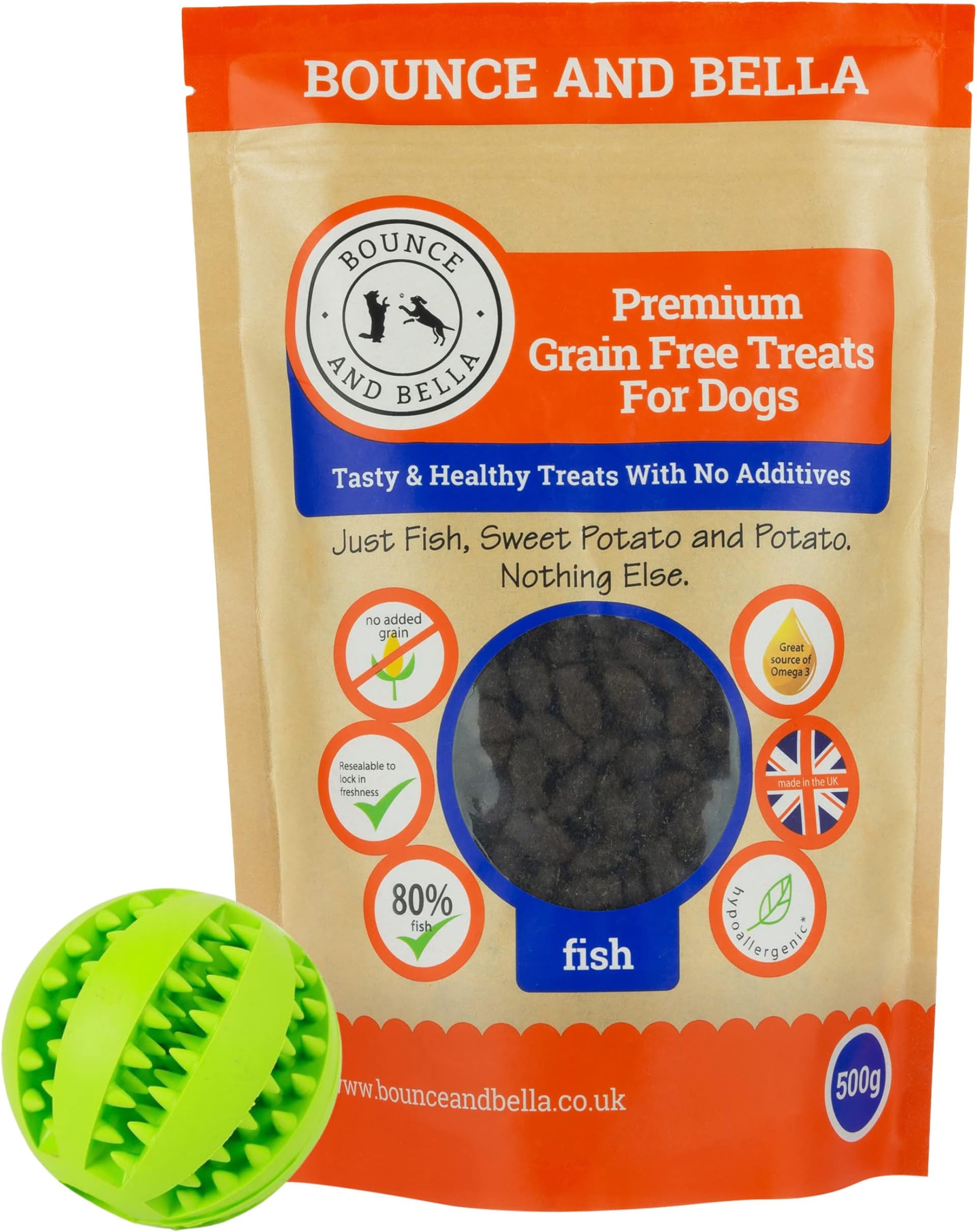 Bounce and Bella Treat Ball with Grain Free Fish Dog Training Treats - 1000 Tasty Treats - Dispenser in Green or Red (Chosen at Random)