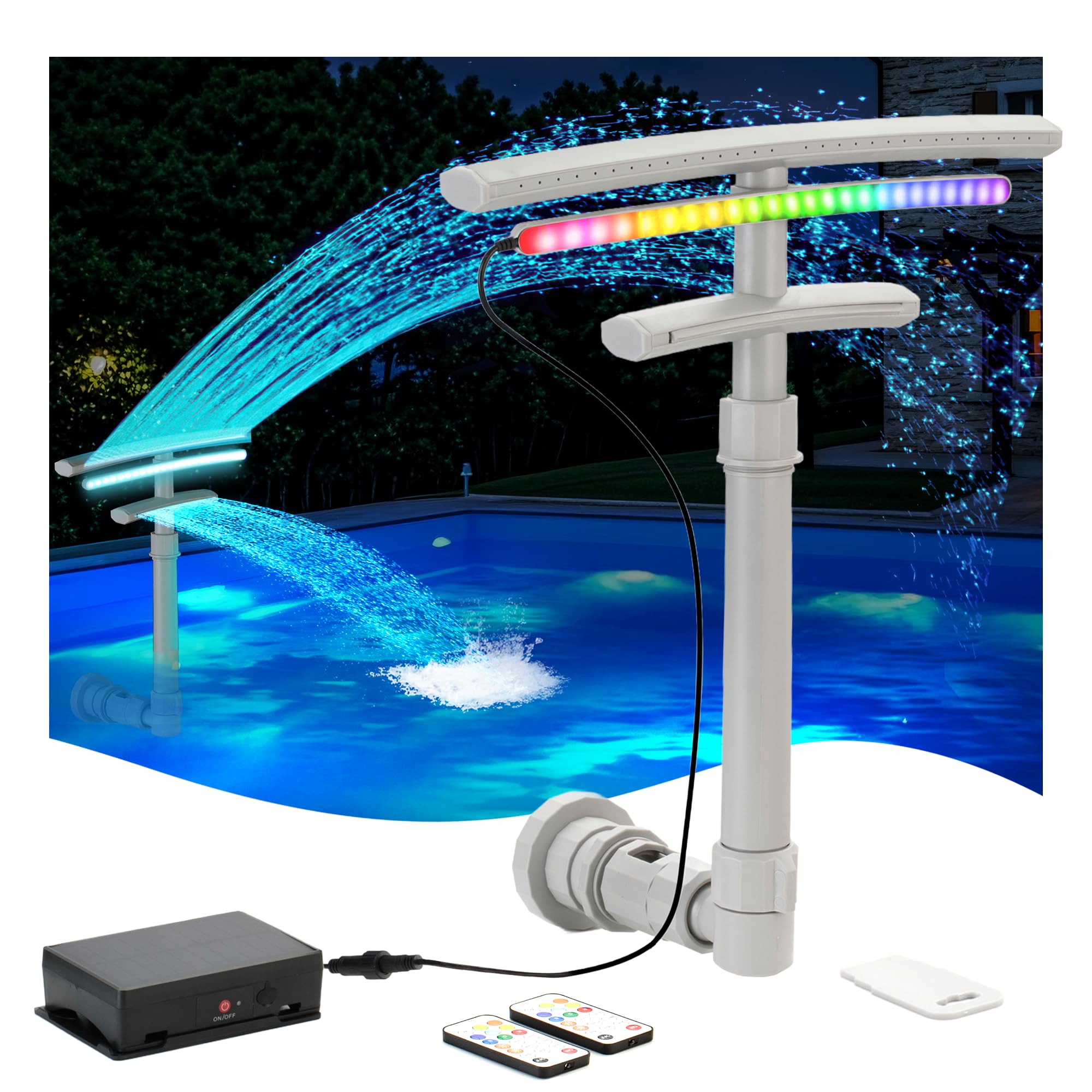 Solar Pool Fountain for Above and Inground Pools, Upgraded Dual Spray Waterfall with 9 Color LED Lights and 5-Mode Light S...