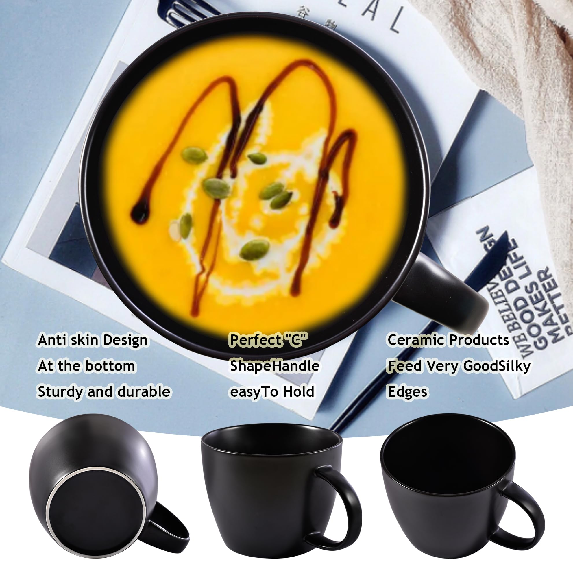 fMSDD Matte Black Big Coffee Mug 30 oz Ceramic Tea Cup Extra Large Soup Bowl with Handle Microwave Safe - Image 3