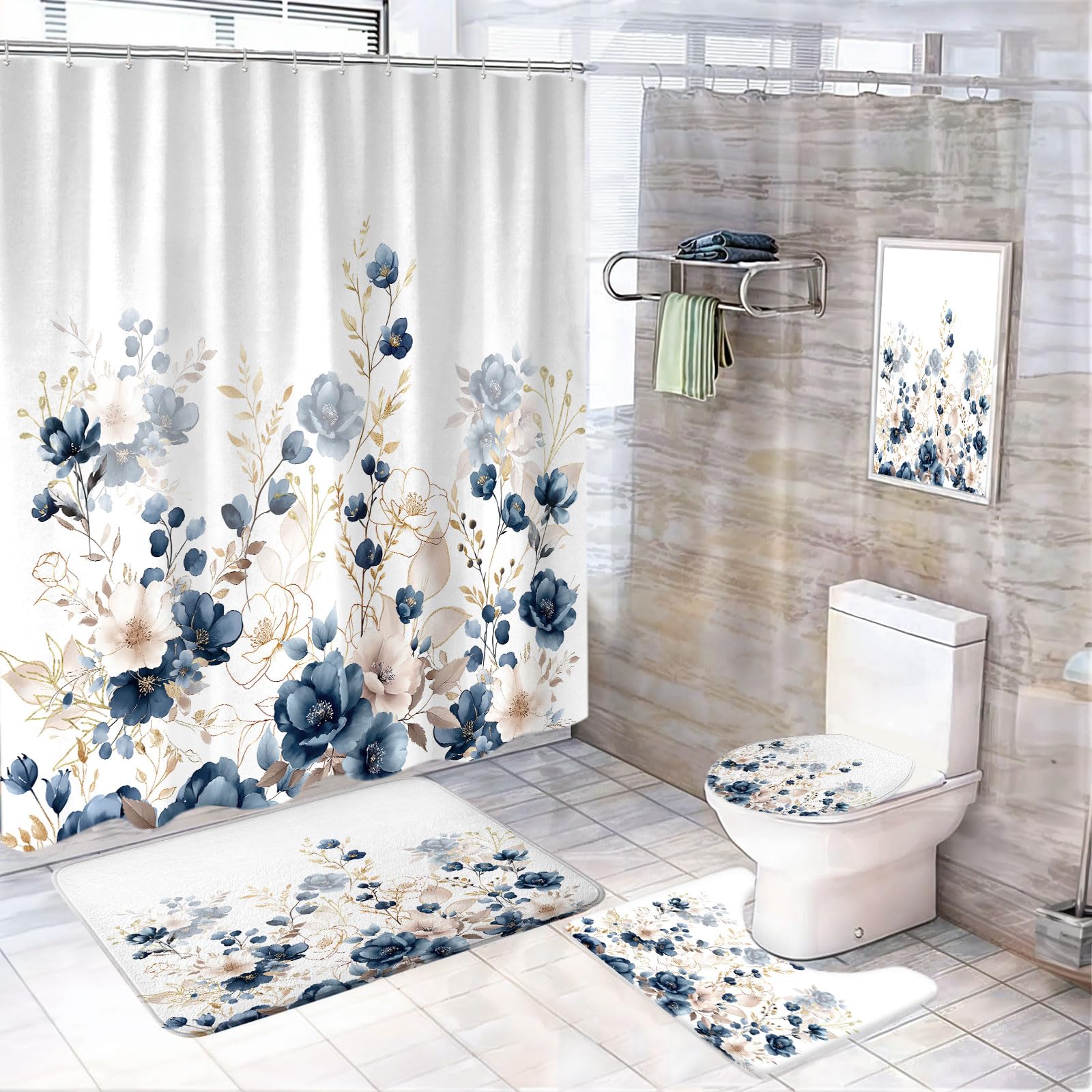 Sanzugh Navy Blue and Gold Flower Bathroom Sets with Rugs and Accessories 4 Piece, Boho Floral Leaves Cute Shower Curtain with Non-Slip Bath Mat