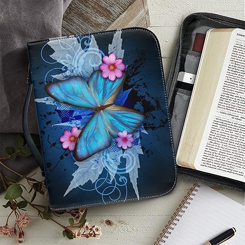 Miniatura 6 de Funda de la Biblia de mariposa azul para mujer, funda de cuero para la Biblia con asa, ranura para bolígrafo, cubierta de libro, planificador,