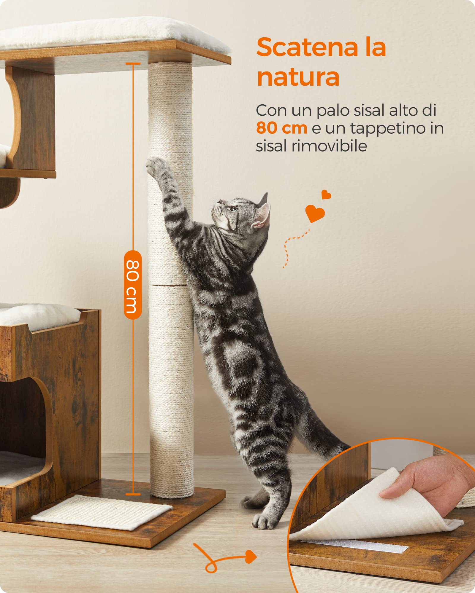 Feandrea Tiragraffi, Albero per Gatti di Truciolato Alto 86 cm, con Grotta, Posatoi, Colonna e Tappeto Graffiatoio in Sisal, Lavabili Tappeti in Pelliccia Sintetica, Marrone Vintage PCT70HW