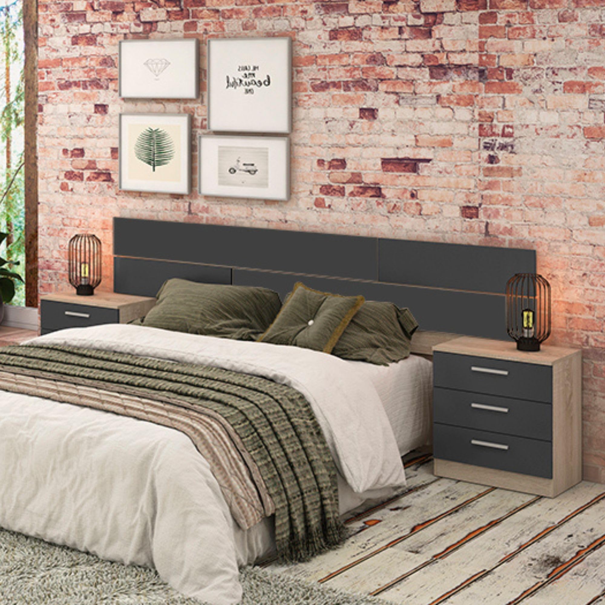 Pack tête de lit et 2 tables de chevet, chambre double, chambre complète, finition en cambria et graphite, dimensions : 220 cm (largeur) x 50 cm (hauteur) x 35 cm