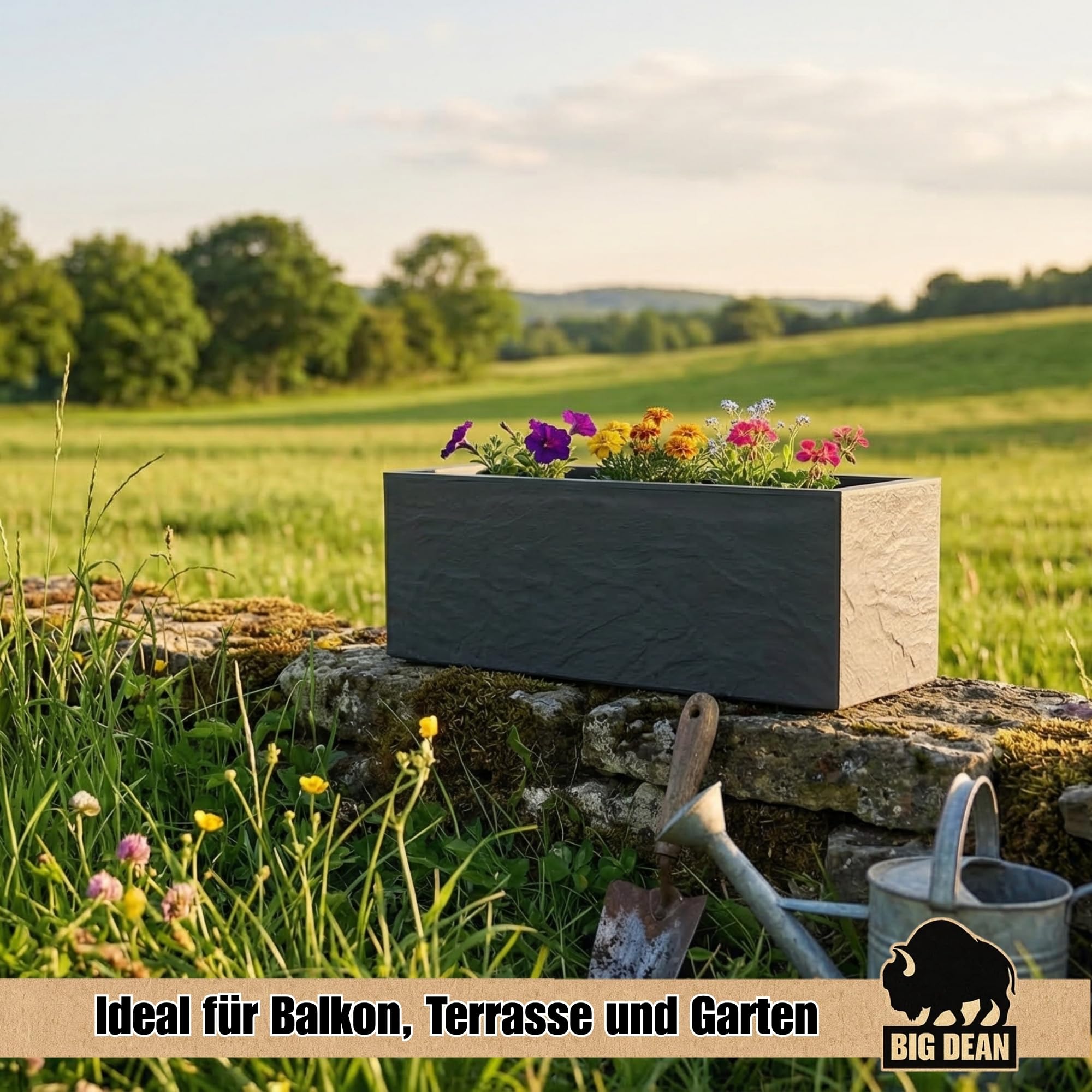 BigDean Pflanzkübel Vulkano 72L rechteckig Blumenkasten + Wasserspeicher | Kübel mit Wasserspeicher, Balkon Terrasse, Blumenkübel (Anthrazit)