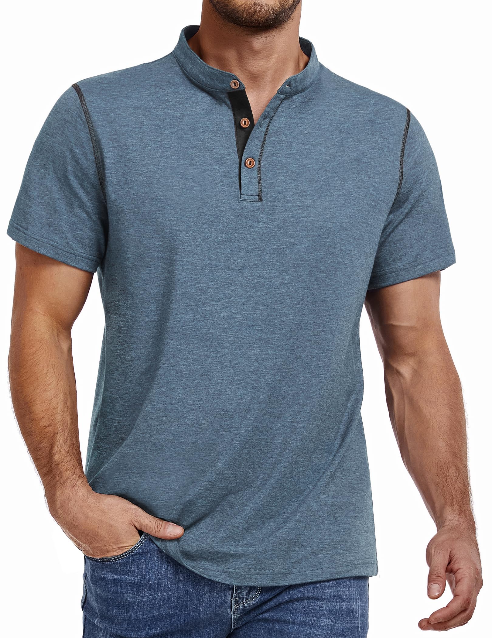 PEGENO Henley Shirts for Men Casual Cotton Shirt Banded Collar Designed Placket Mens Summer Shirts