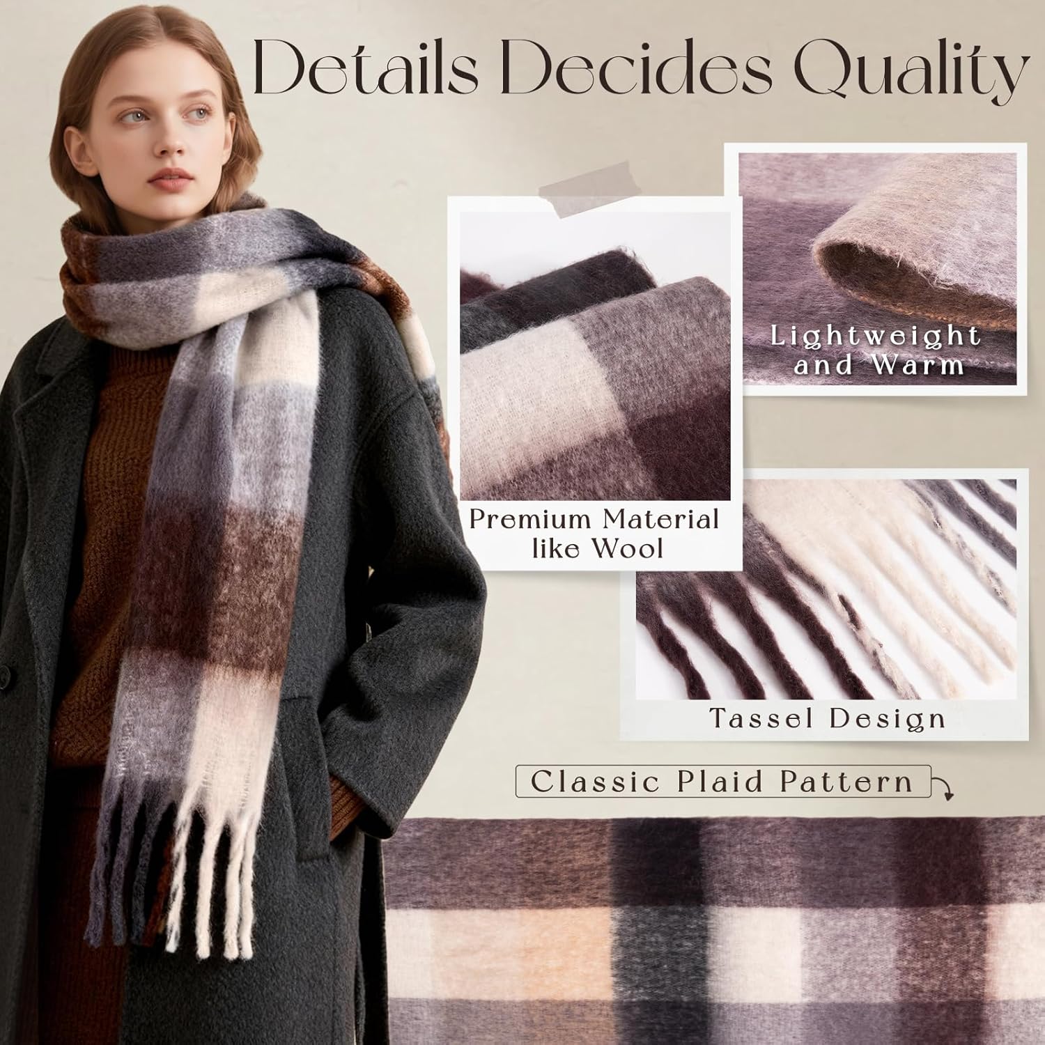 Warm Scarf for Women Winter Cold Weather Chunky Oversized Scarf Long Blanket Plaid Scarves - Image 3