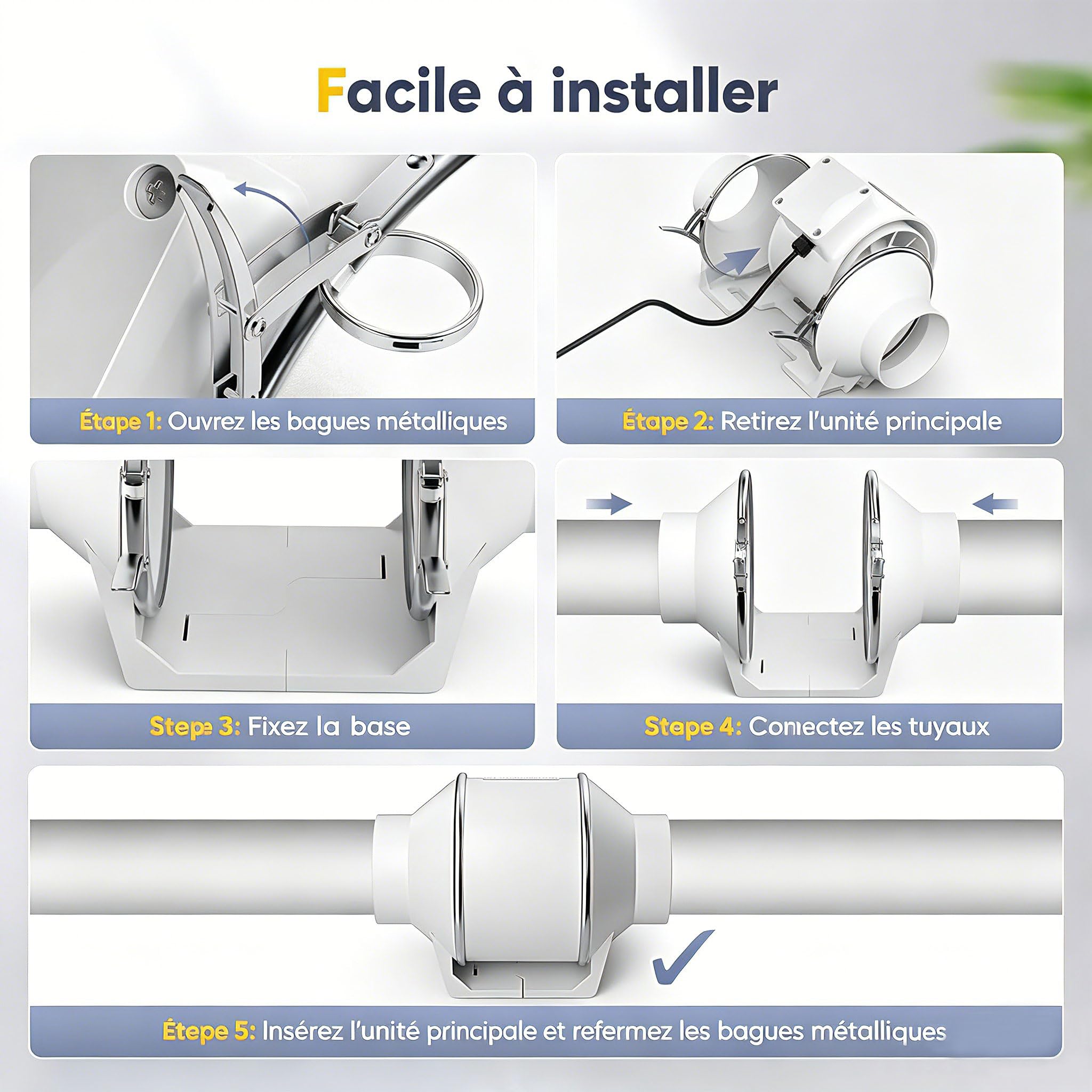 Ventilateur de Conduit en Ligne de 150mm, Ventilateur Extracteur d'Air Silencieux IEC EU Plug, Ventilateur Tubulaire Débit d'Air de 540 m³/h pour VMC Salle de Bain, Cuisine, Garage et Tentes