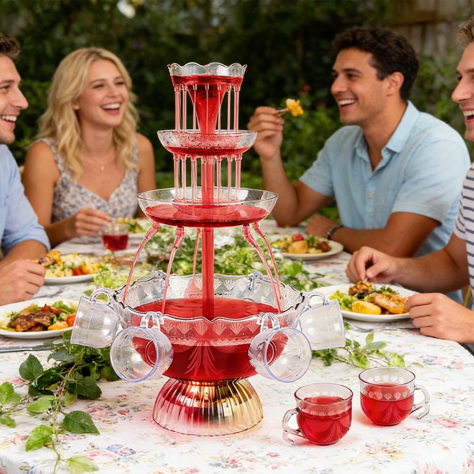 Fuente eléctrica de bebidas de 3 niveles con base LED, dispensador de cóctel y vino tinto, 5 tazas reutilizables para bodas, fiestas, celebraciones, estación de bebidas perfecta