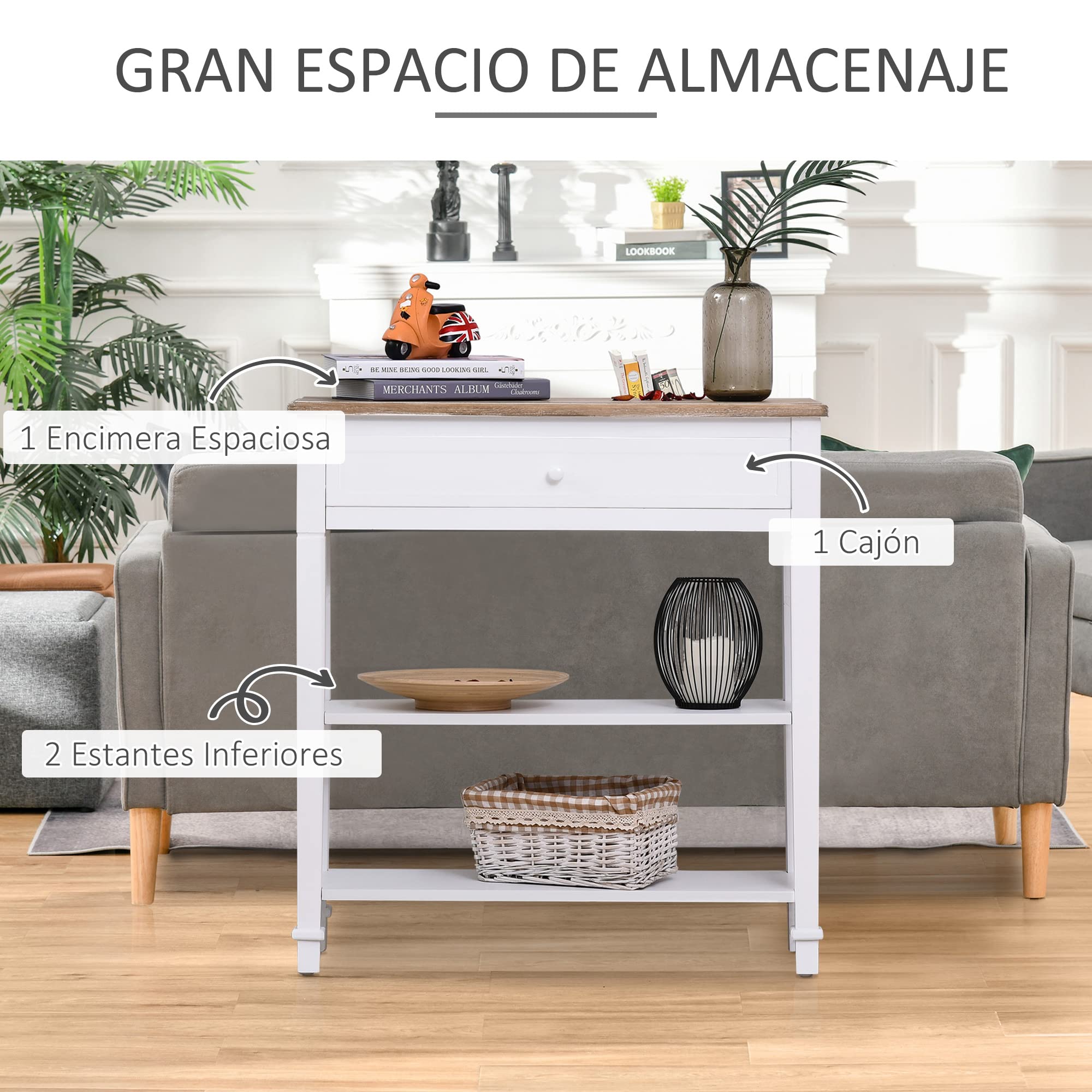 HOMCOM Mesa de Consola Multifuncional Recibidor 75,6x27,5x80,5 cm Blanco | Mesa Auxiliar, para Sala Pasillo Comedor, 2 Estantes, 1 Cajón Extraíble, Manija, Estilo Retro, Pino, Madera Natural