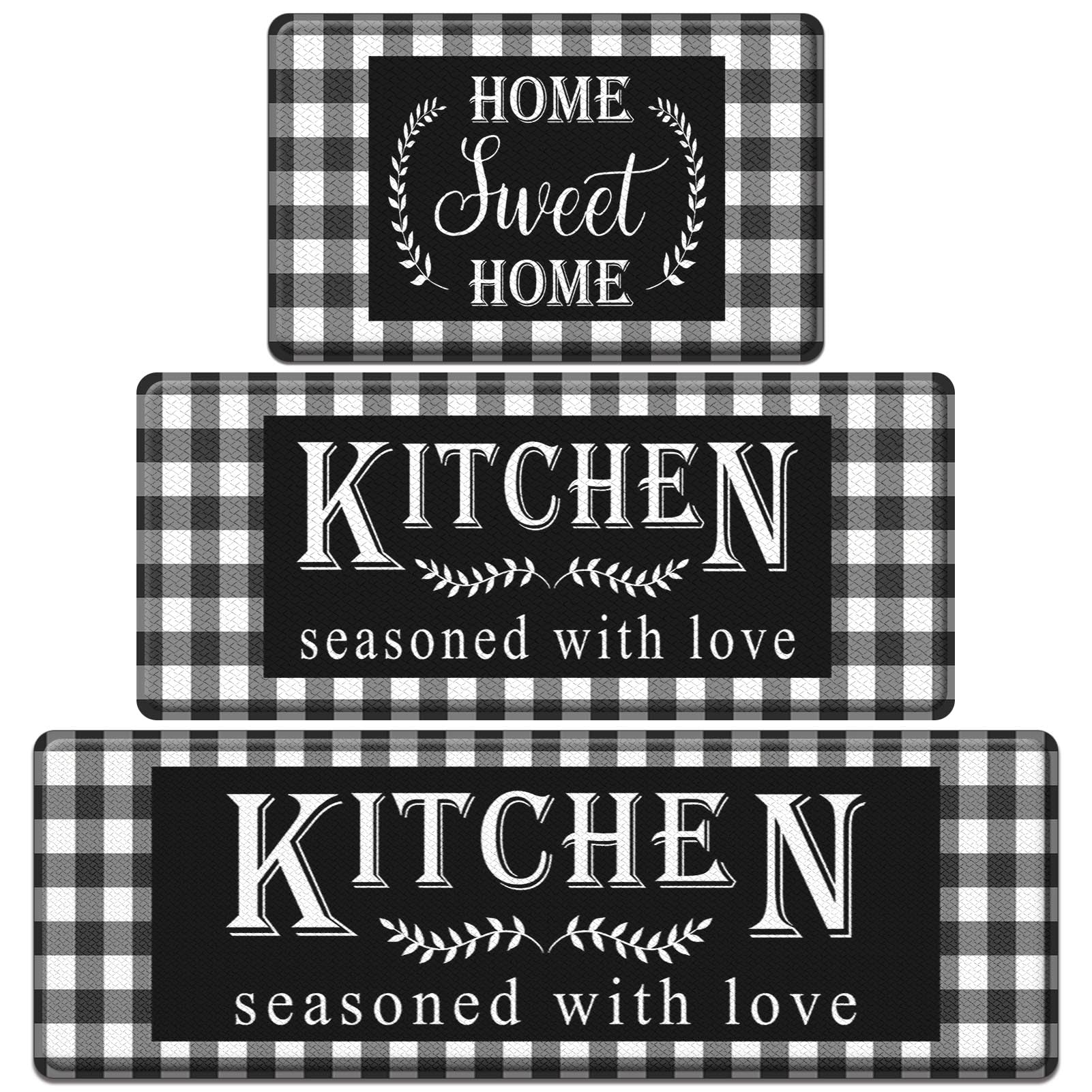 Arttown Anti-Fatigue Kitchen Rug Set of 3, Waterproof Non-Slip, Black Plaid