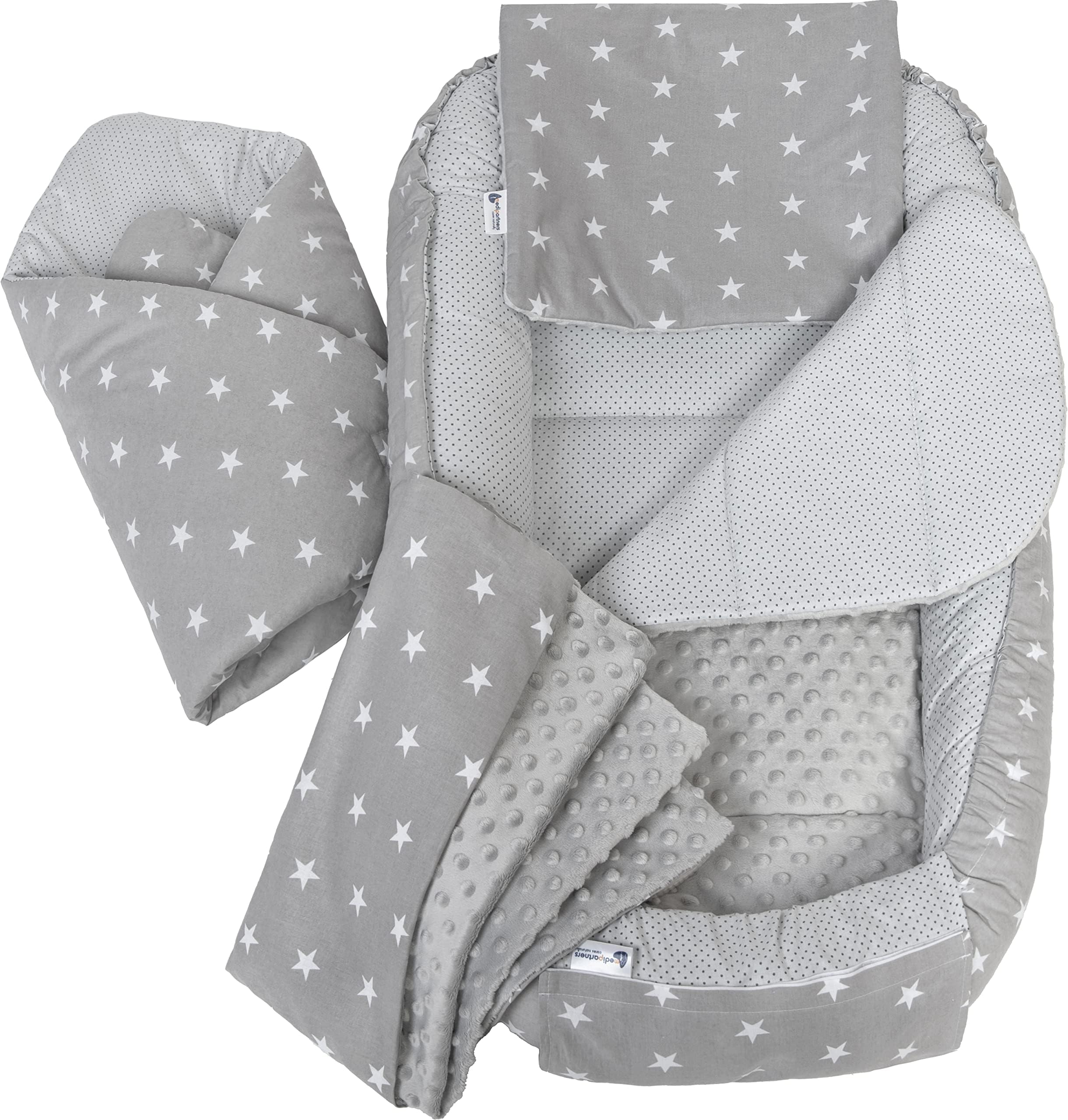 Medi Partners Baby Nest Pod for Newborn Babynest Bed 5pcs Set - 100x60x15 Lounger Essentials 0-12 Months sleeping bilateral Cocoon 100% Cotton (Stars with Grey Plush)